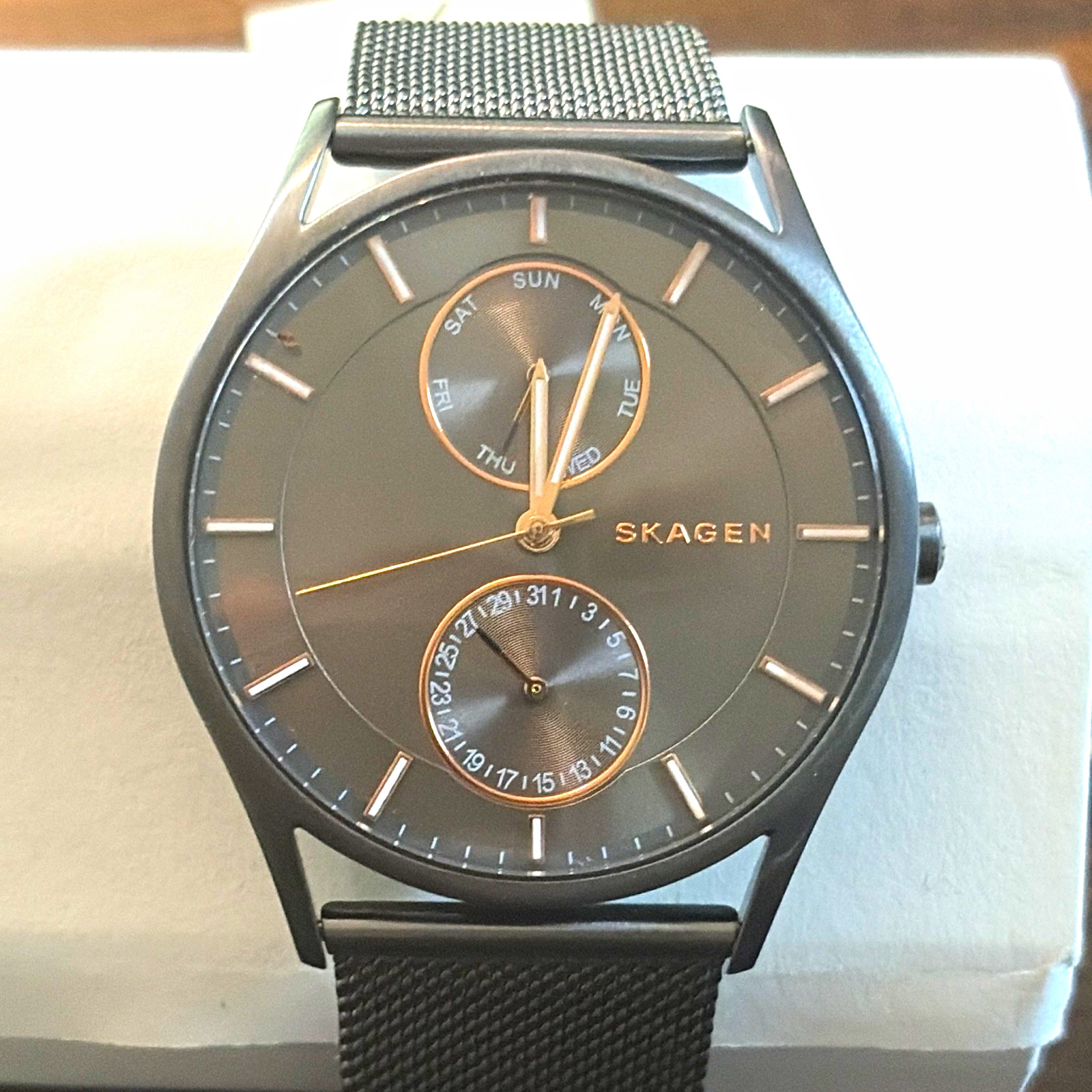 NIB Skagen Holst Men’s Analog Quartz Gray SS Mesh Day/Date 50m w/Box NIB Skagen Holst Men’s Analog Quartz Gray SS Mesh Day/Date 50m w/Box