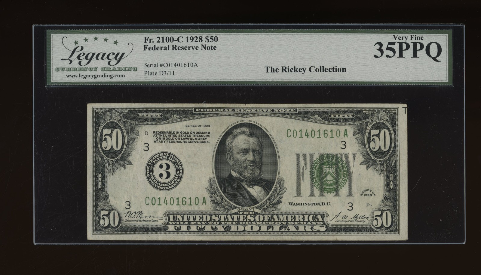 DBR 1928 $50 Philadelphia Numeral Fr. 2100-C Legacy 35 PPQ Serial C01401610A