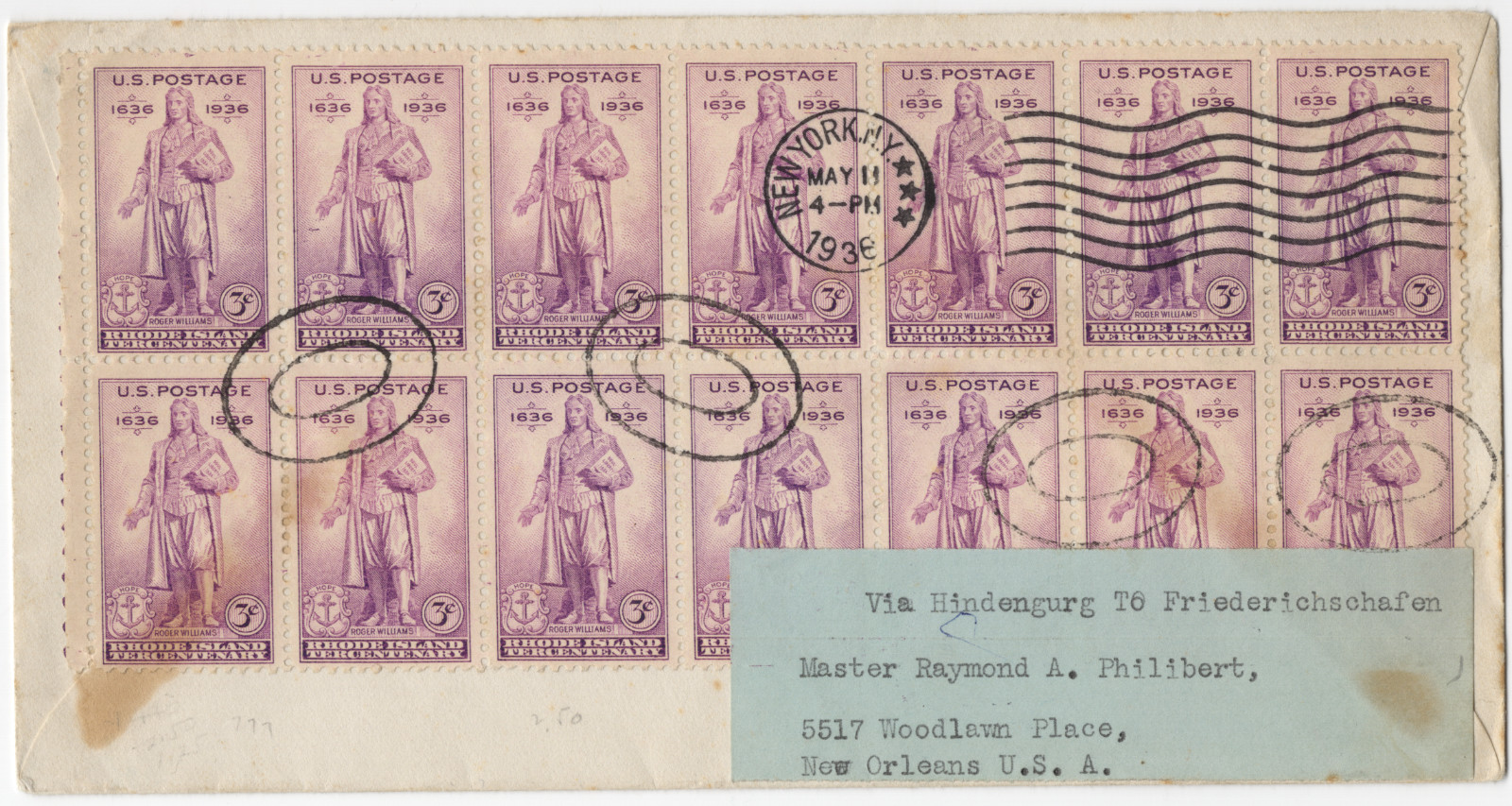 1936 Hindenburg Zeppelin LZ129 First Flight Cover NY Frankfurt Block of 14