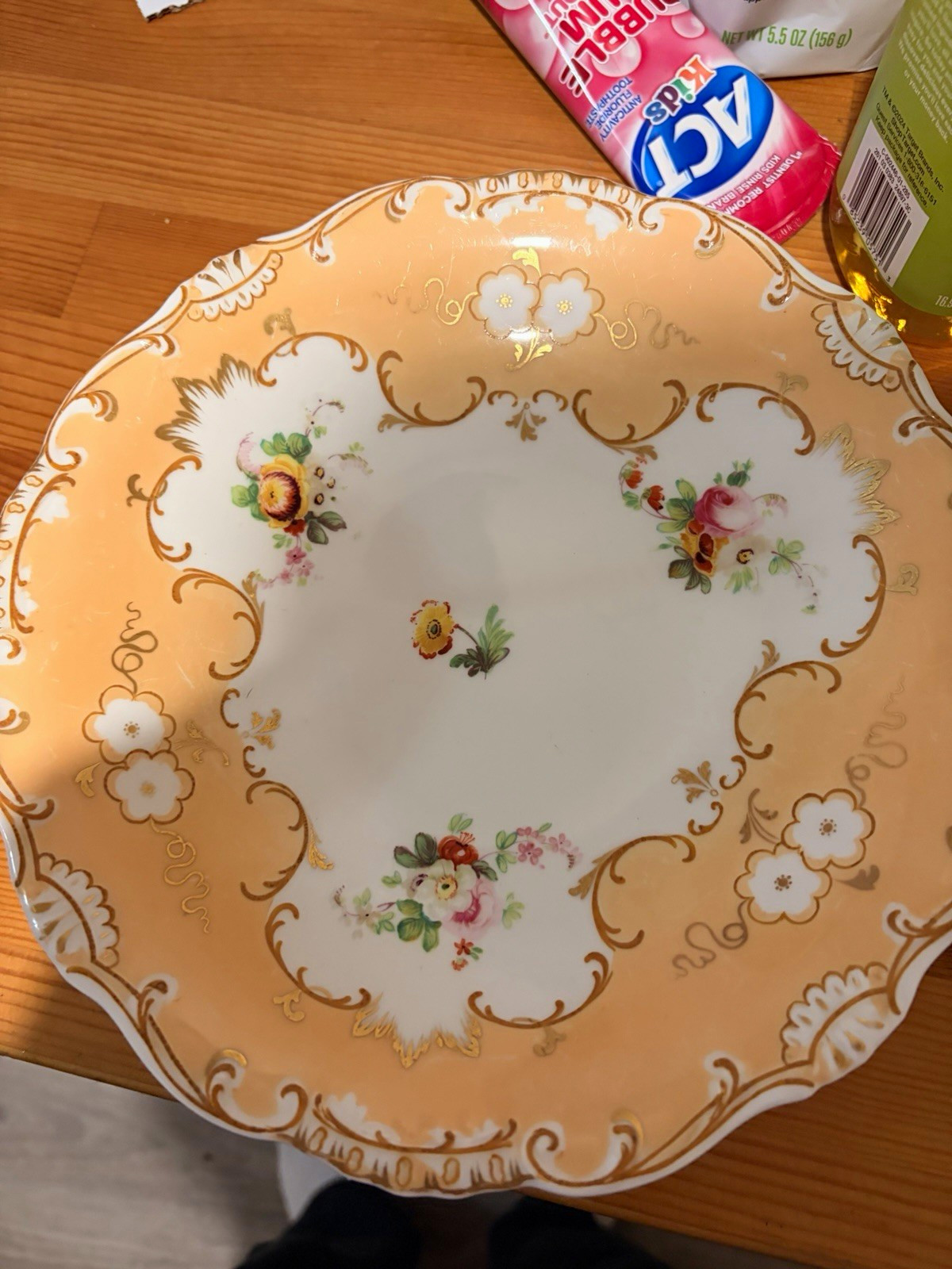 Peach White Gold Floral Ceramic compote plate, Scalloped Rim, Round, Peach White Gold Floral Ceramic compote plate, Scalloped Rim, Round,