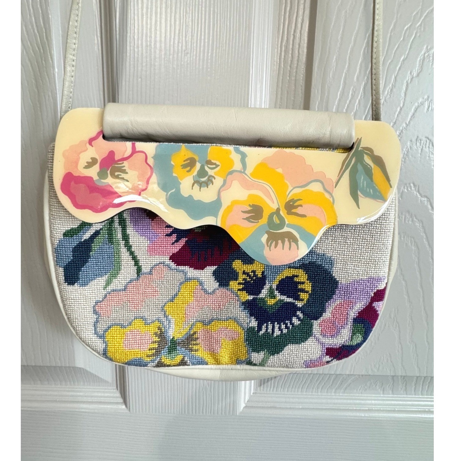 Vintage Patricia Smith Moon Bag Floral Needlepoint Leather Purse Cream 80s Boho