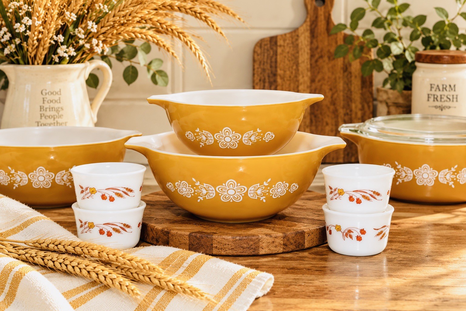 Vintage Pyrex Butterfly Gold Cinderella Mixing Bowls #444 & #442 – 1970s Nesting