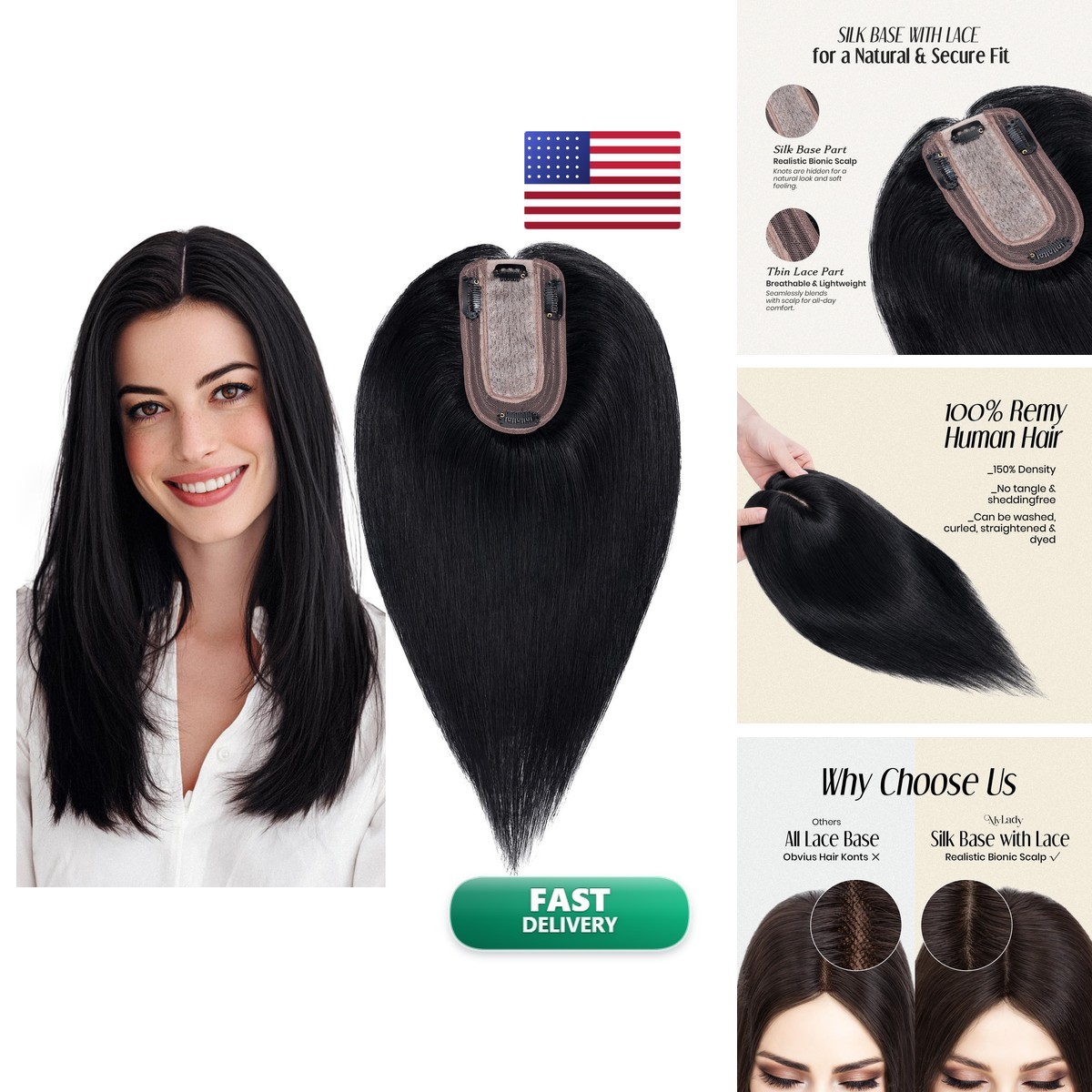 MY-LADY Human Hair Topper 7x13CM Silk Base Lace Clip 150% Density 12 Inch Jet MY-LADY Human Hair Topper 7x13CM Silk Base Lace Clip 150% Density 12 Inch Jet