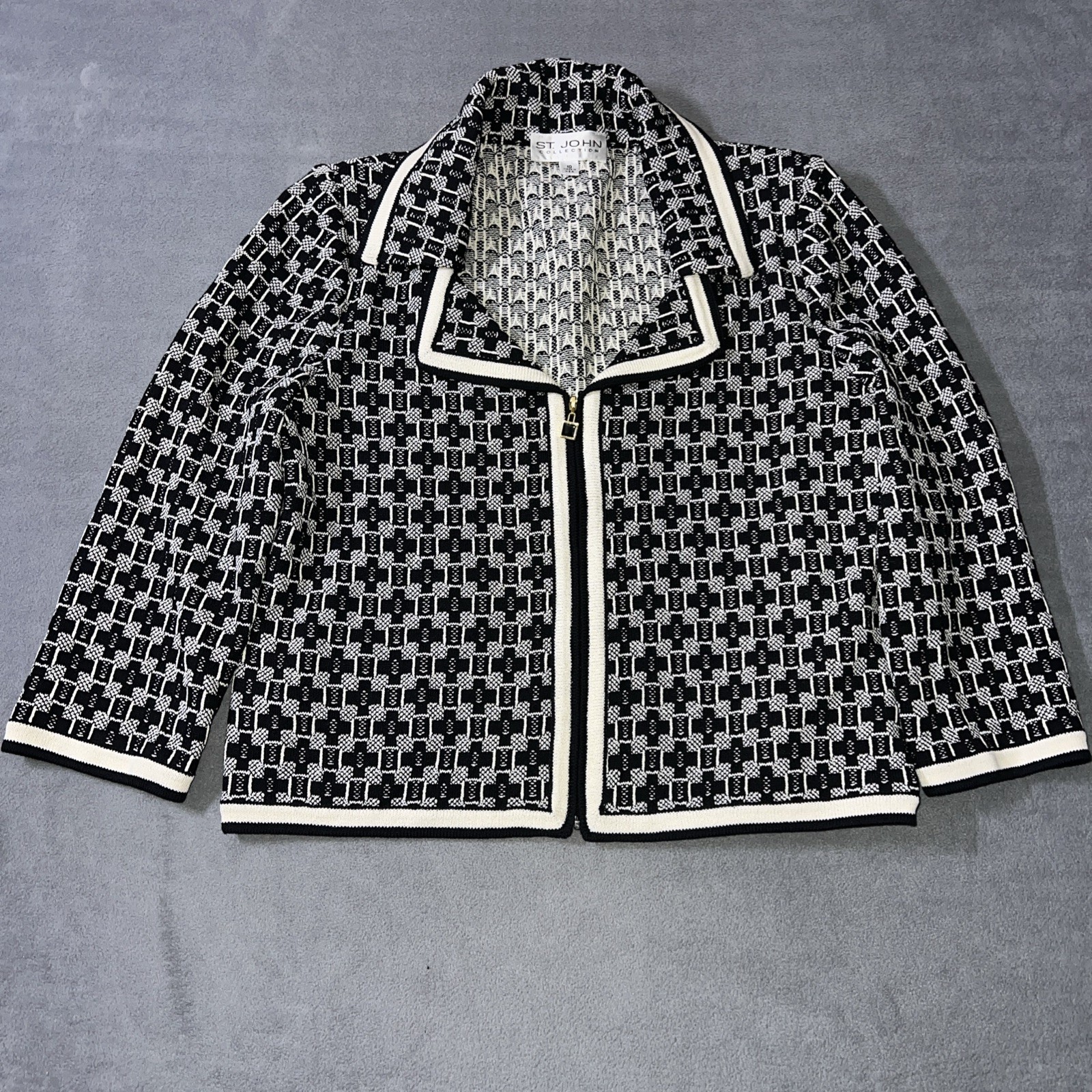 St John Collection Black White Geometric Knit Zip Front Jacket Size 10 Blazer
