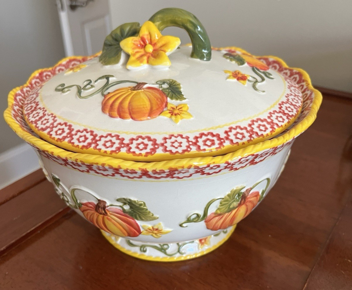 Temp-tations by Tara Old World Pumpkin Patch Fall Harvest 3 Qt Bowl w Lid NEW