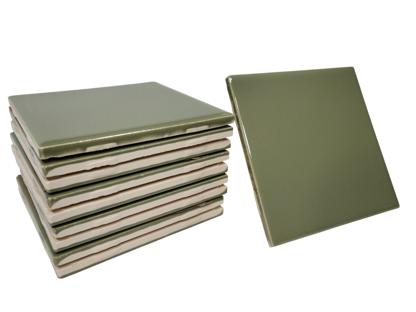 Avocado Green Ceramic Tile Shower Backsplash 4.25 in Subway Mid Century Modern