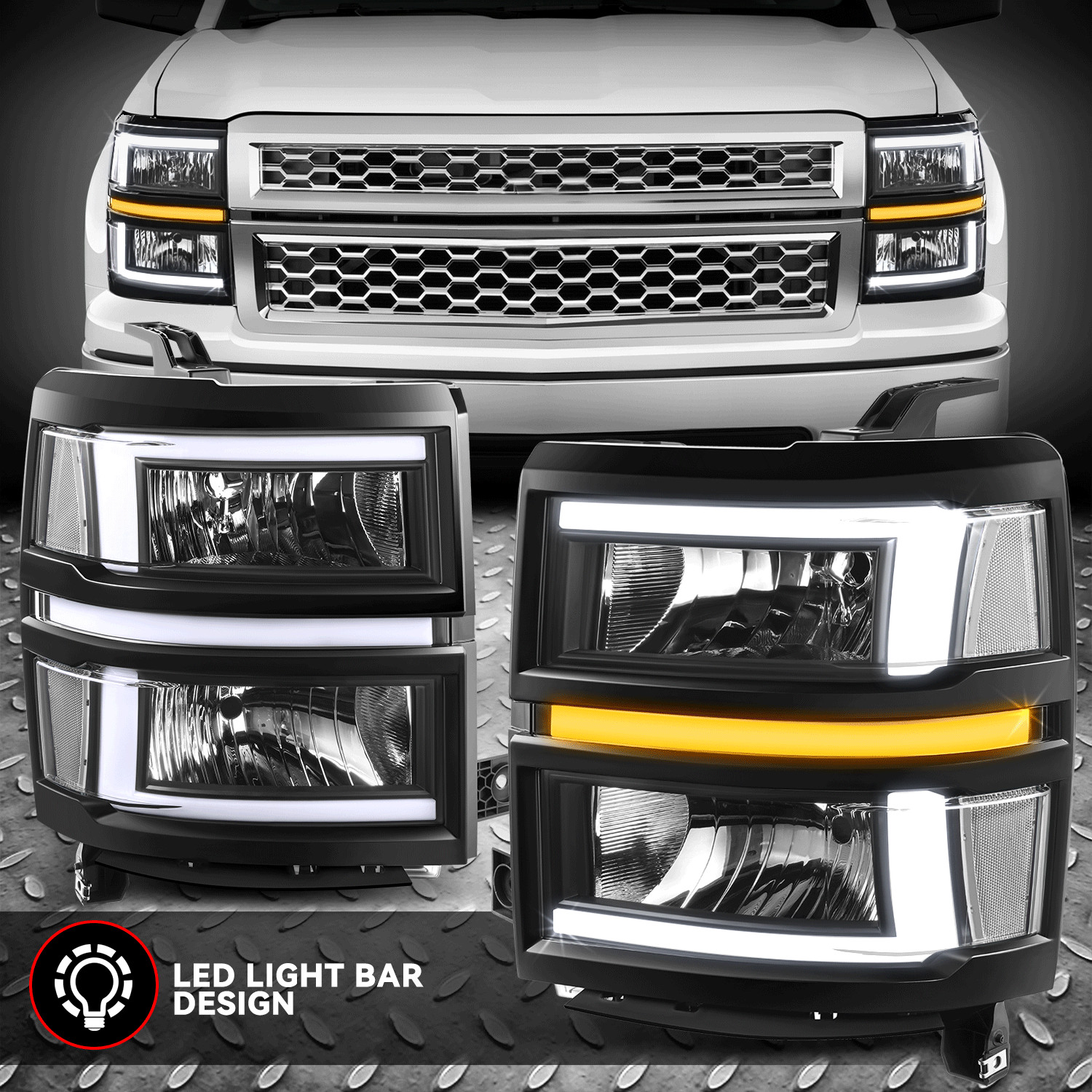 [L-LED DRL+Sequential Signal] For 14-15 Silverado 1500 Headlights Black/Clear