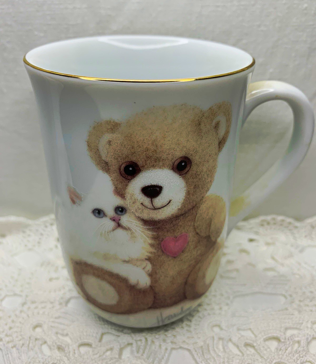 Vintage Otagiri Japan Coffee Mug Teddy Bear Kitten Pink Heart Bob Harrison