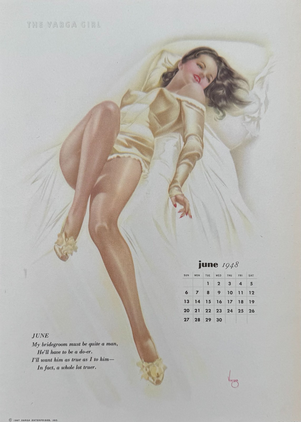 Original Vintage 1948 Varga Girl Calendar Page June Alberto Vargas Pin Up