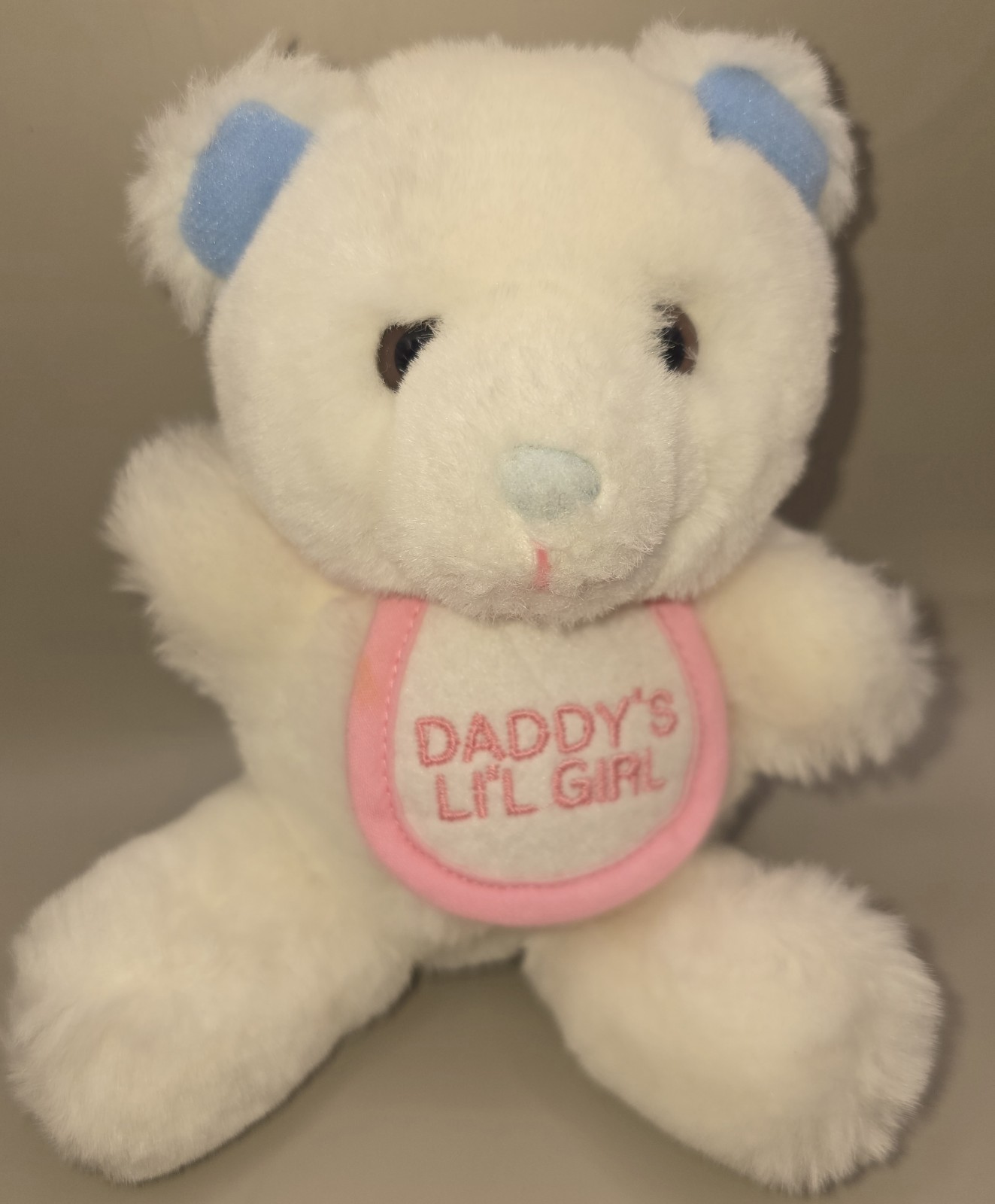 Vtg Russ Berrie White Teddy Bear Rattle Blue Ears Nose Pink Bib Daddy\'s Lil Girl Vtg Russ Berrie White Teddy Bear Rattle Blue Ears Nose Pink Bib Daddy\'s Lil Girl