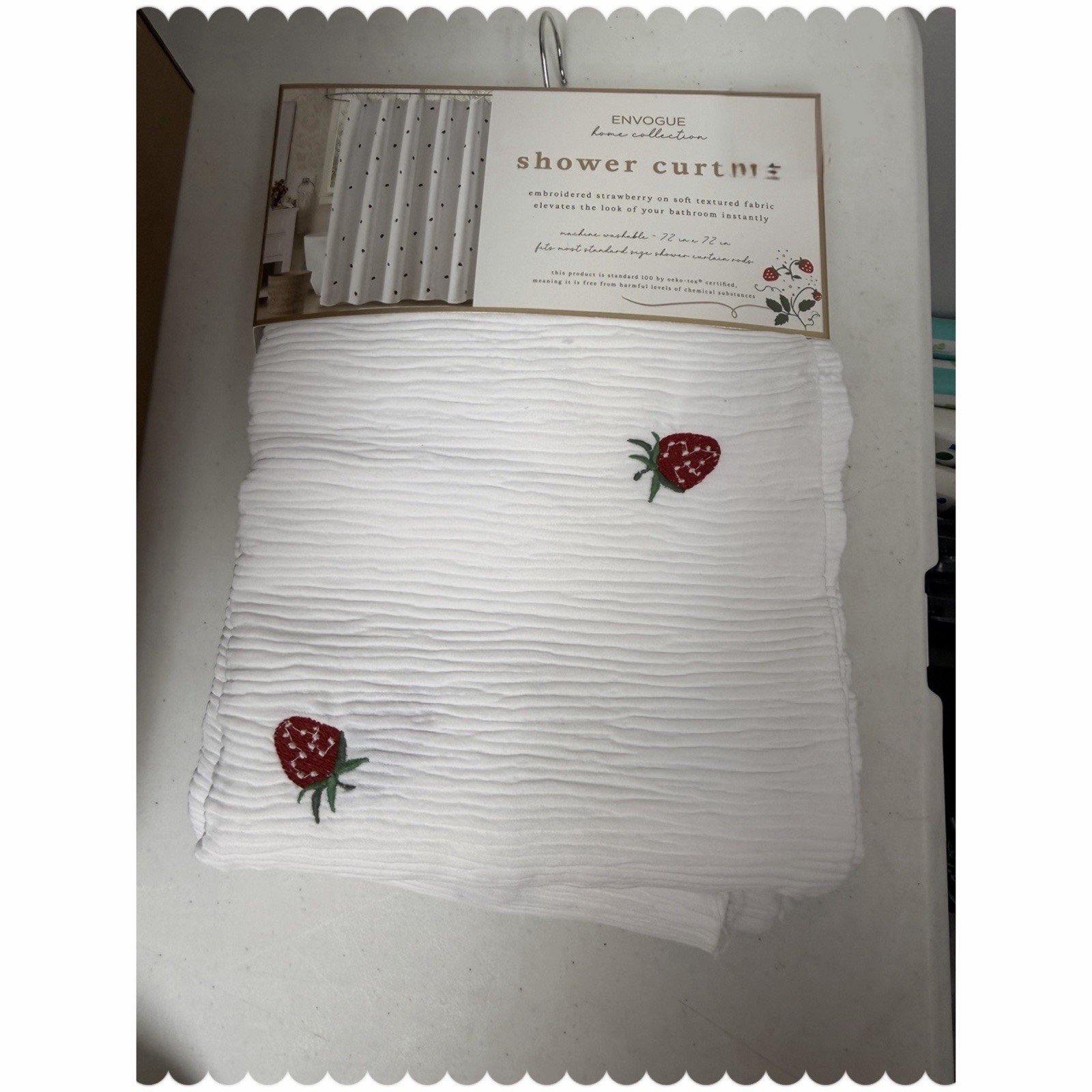 Envogue | 72x72 | White | Embroidered Strawberry Textured Fabric Shower Curtain