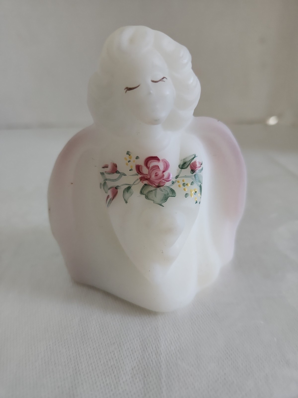 Vintage Fenton Satin Milk Glass Hand Painted Angle Figurine Signed L. Everson