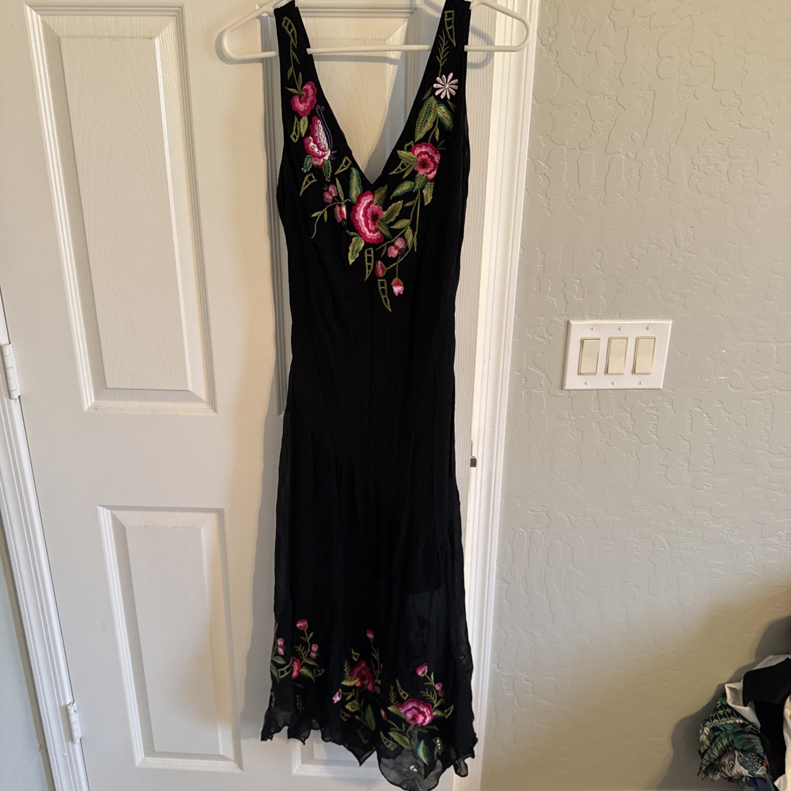Sue Wong Vintage Black 100% Silk Embroidered Midi Cocktail Dress Size 12