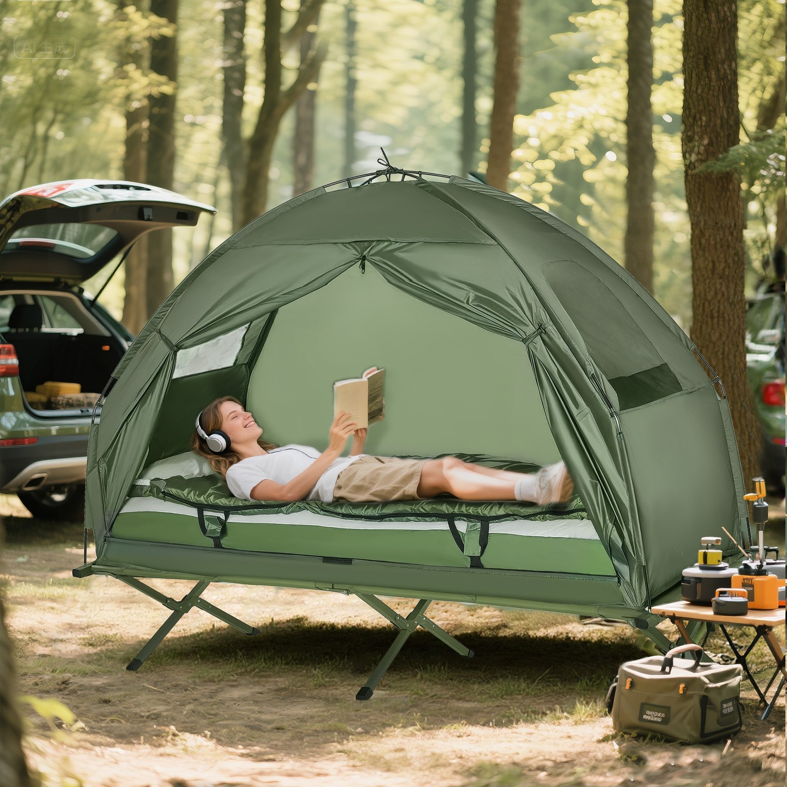 Outdoor 1-person Folding Tent Elevated Camping Cot w/Air Mattress Sleeping Bag