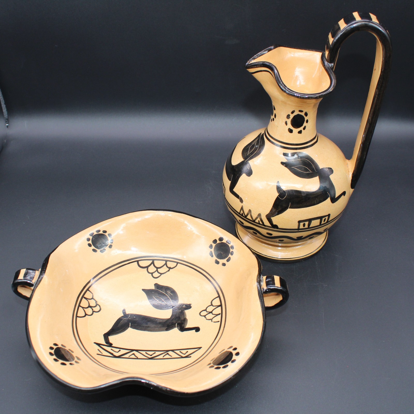 Vtg B.A.M.A. Acquapendente Italy Rabbit Motif Pottery Bowl & Pitcher / Ewer Set