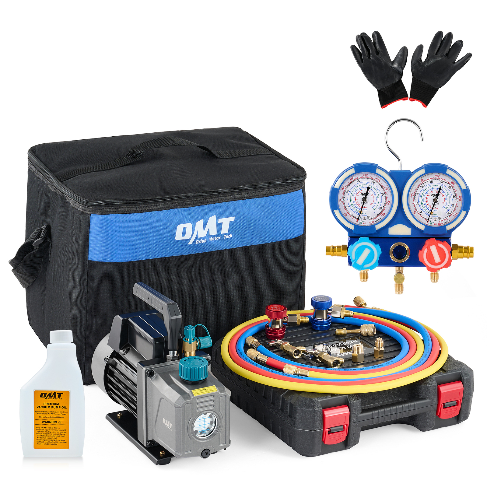 OMT Combo 3,5CFM 1/4hp Air Vacuum Pump HVAC Refrigeration AC Manifold Gauge Set OMT Combo 3,5CFM 1/4hp Air Vacuum Pump HVAC Refrigeration AC Manifold Gauge Set