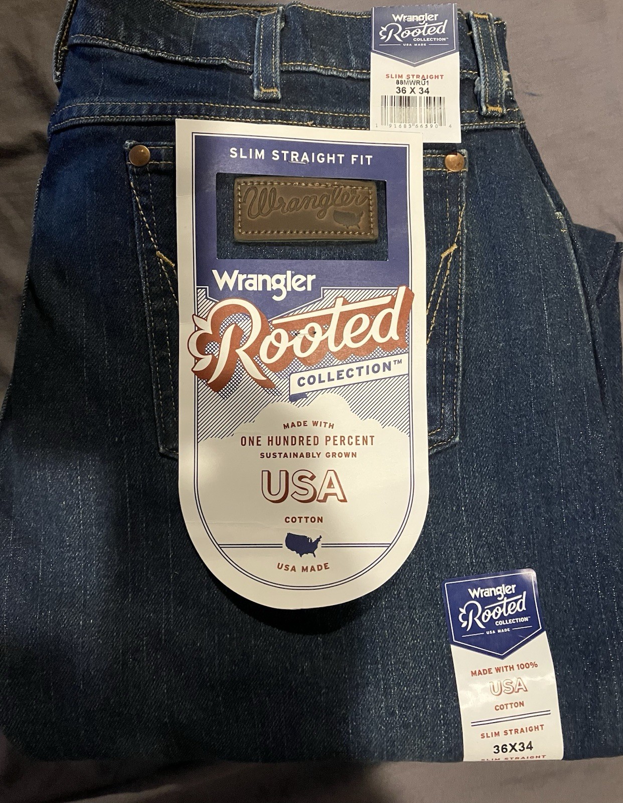 36x34 Made In USA Wrangler Rooted Slim Straight