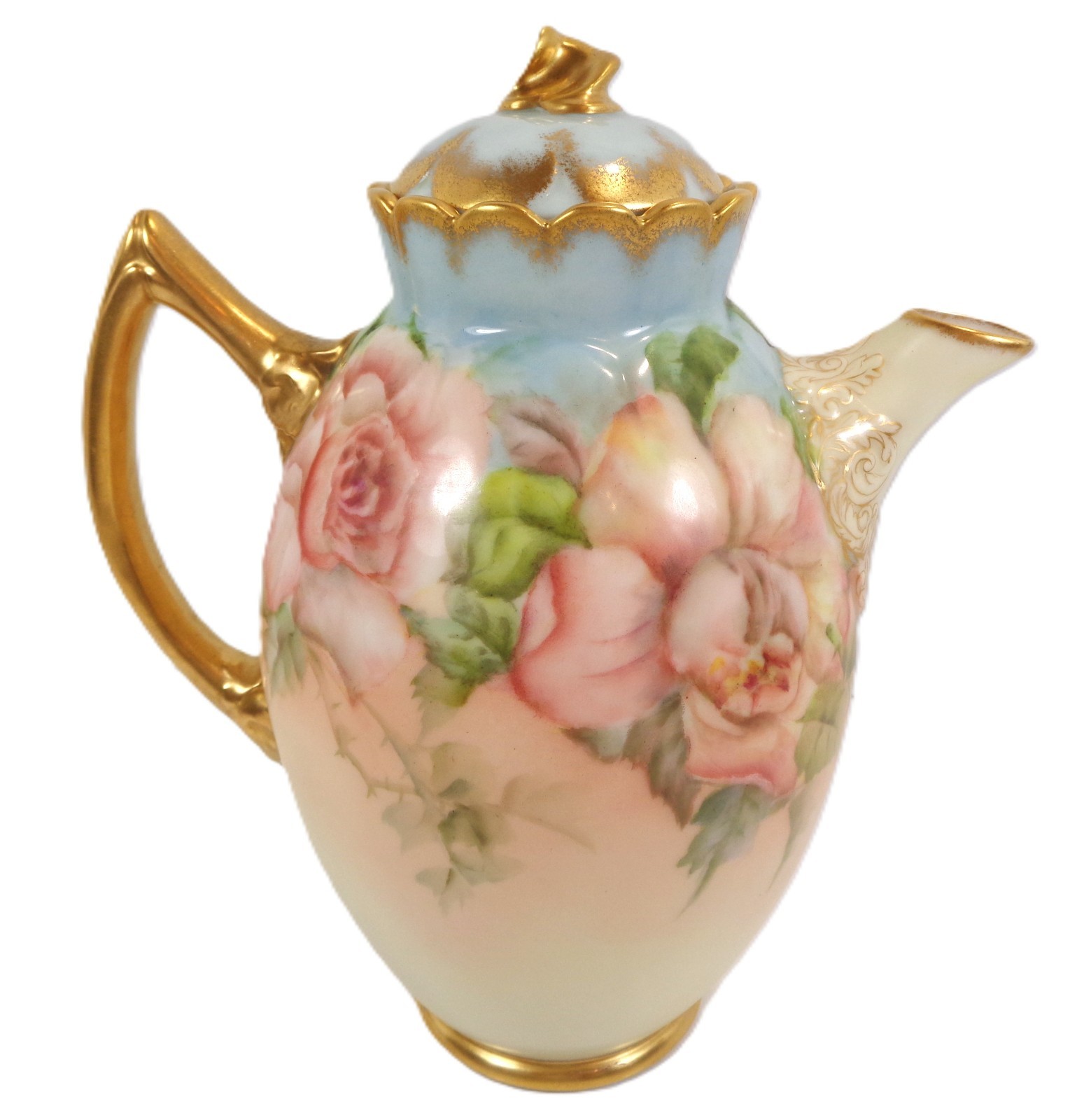 Antique CAC Belleek Chocolate Pot Hand Painted Roses Artist Signed Dated 1894