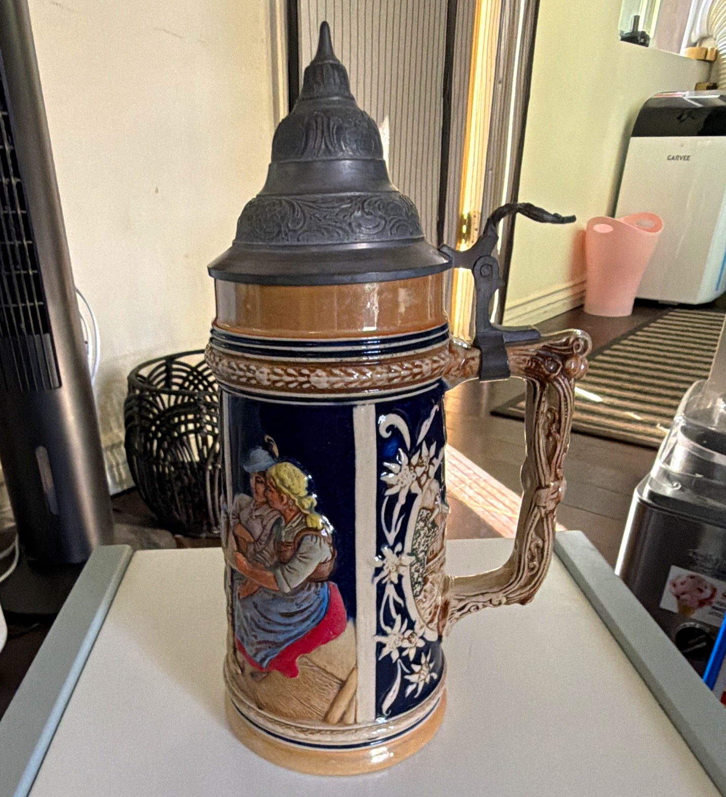 Vintage German Style Beer Stein Hinged Pewter Lid Hand Painted Relief Scene Vintage German Style Beer Stein Hinged Pewter Lid Hand Painted Relief Scene