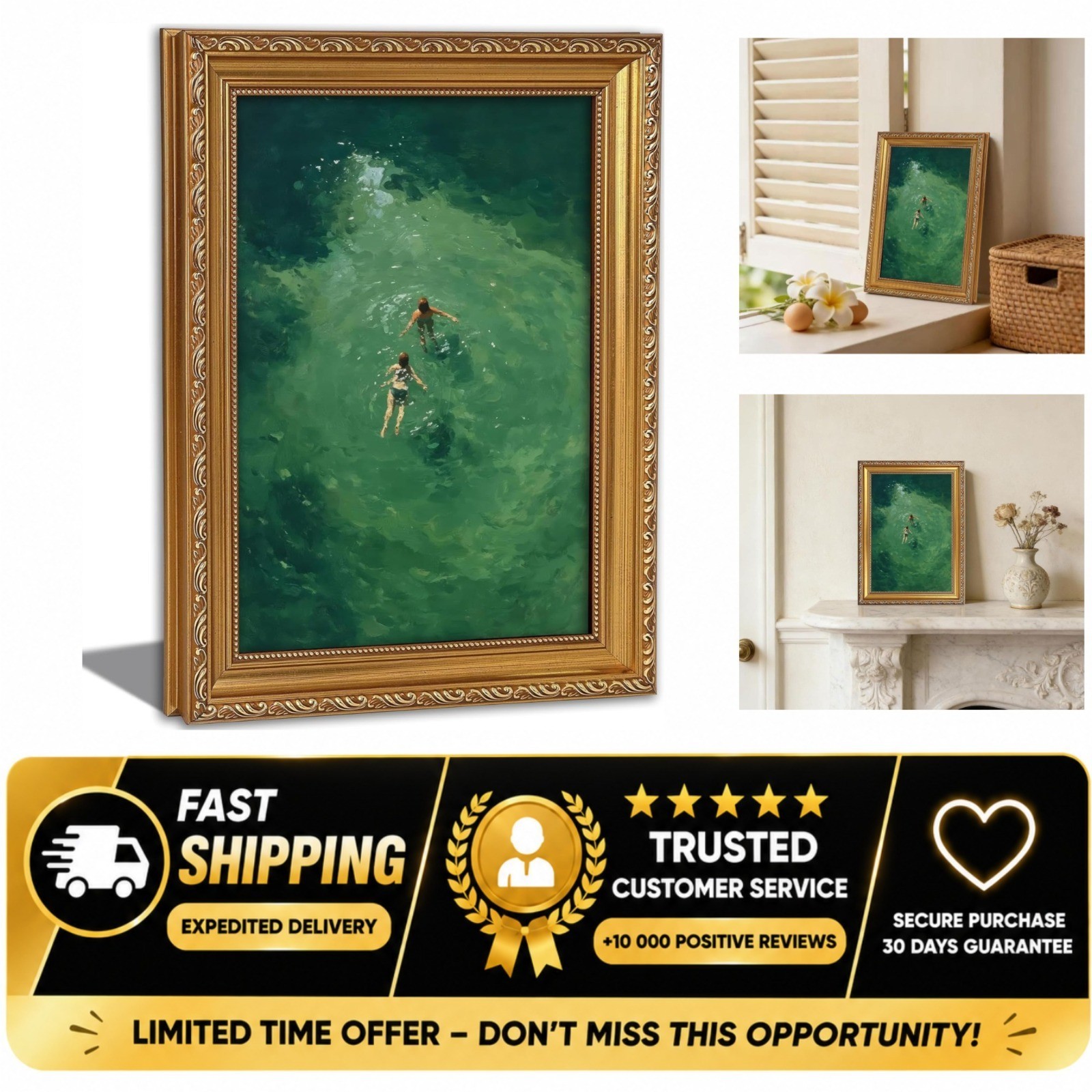 Vintage Gold Framed Ocean Swim Wall Art Green Coastal Print 12x16 in