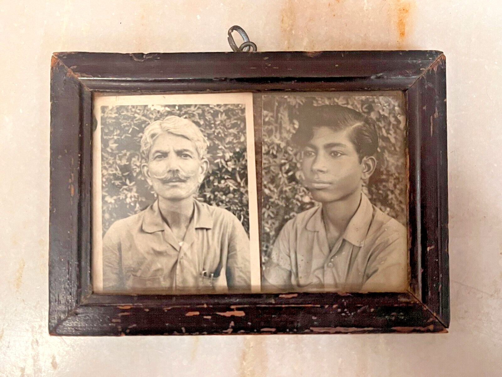 Vintage Indian Village Men Black and White Photograph In Wooden Frame
