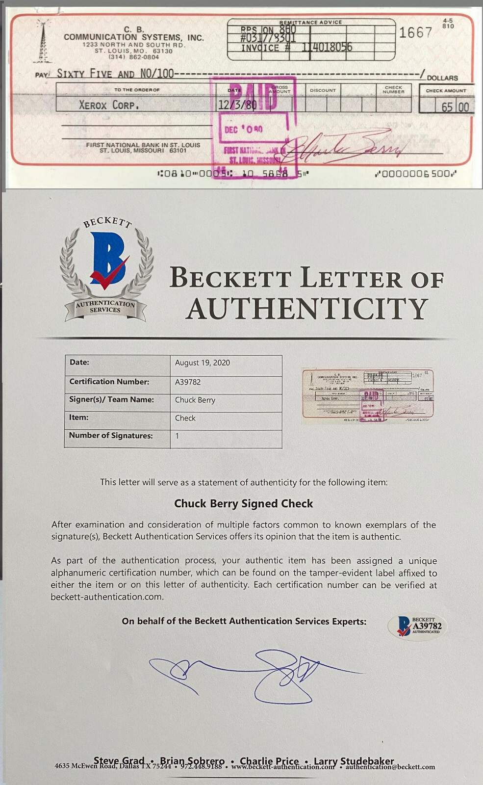 Chuck Berry RARE Signed Business Bank Check Beckett COA BAS PSA JSA .