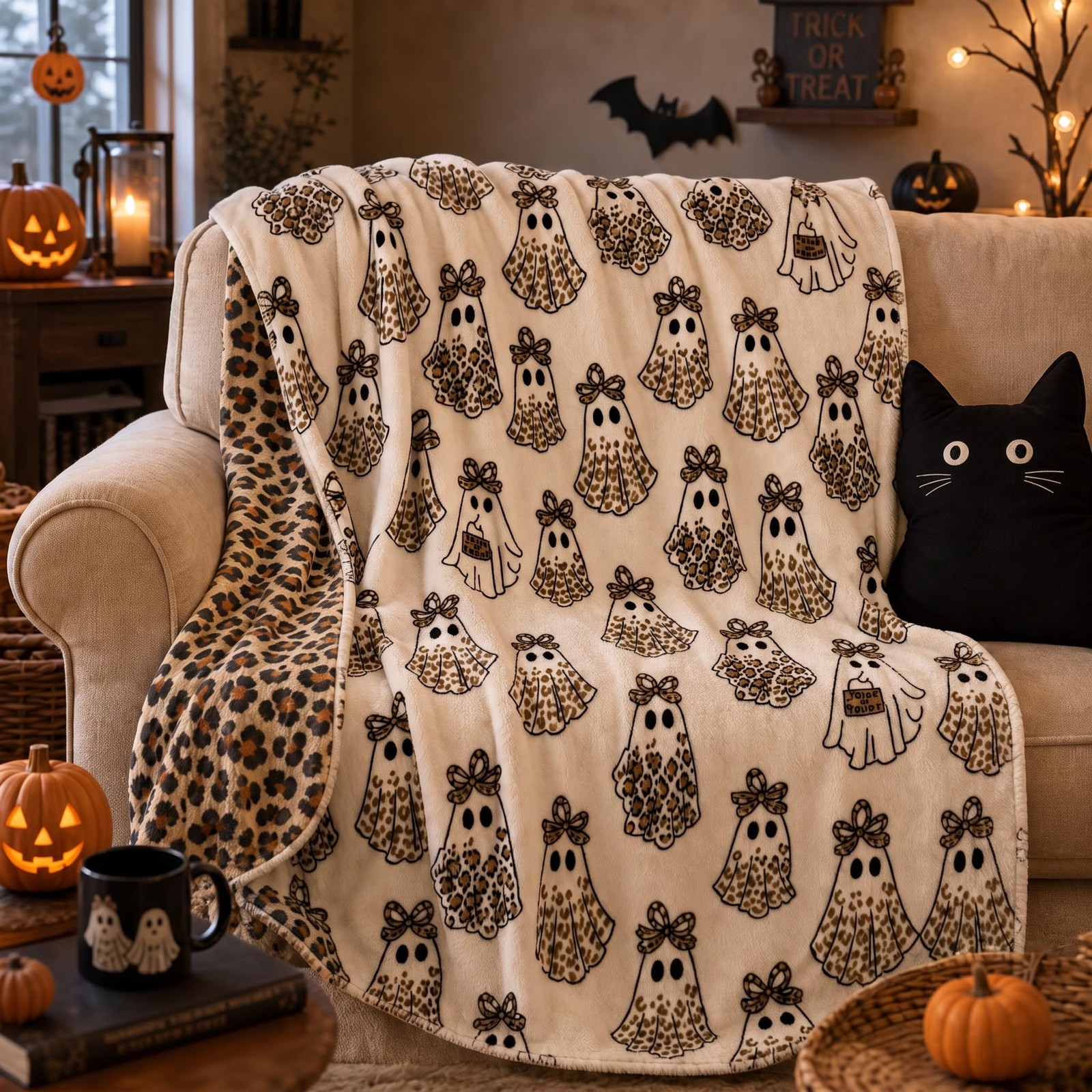 Frienda 50 x 60 Inch Halloween Reading Ghost Blanket 50 x 60 inch, Leopard
