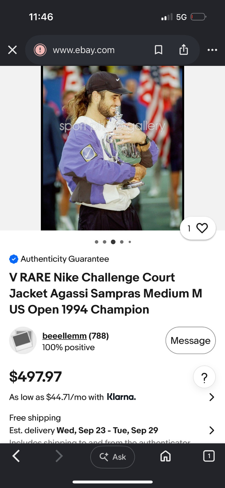 V RARE Nike Challenge Court Jacket Agassi Sampras Medium M US Open 1994 Champion