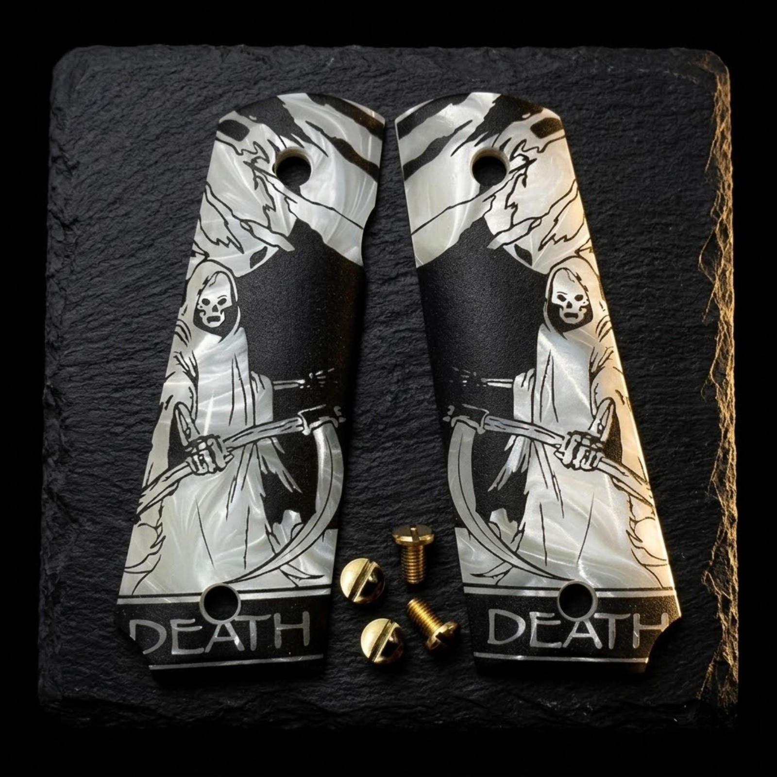 1911 Full Size Grips Custom Reaper Poly Pearl White Government Size + Gold Screw
