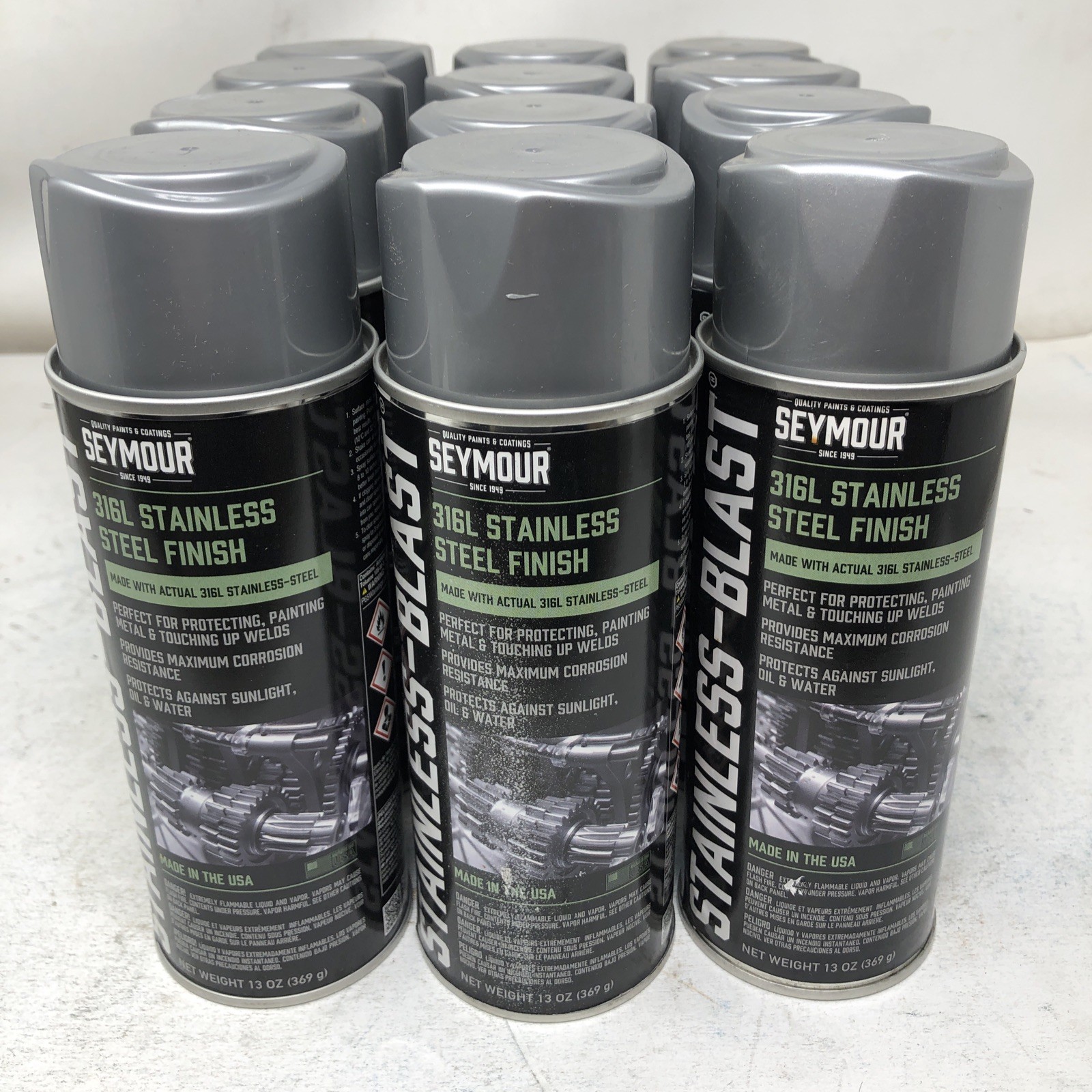 SEYMOUR Stainless Steel Blast 316L Aerosol Spray Paint 12oz US-made Case of 12 SEYMOUR Stainless Steel Blast 316L Aerosol Spray Paint 12oz US-made Case of 12
