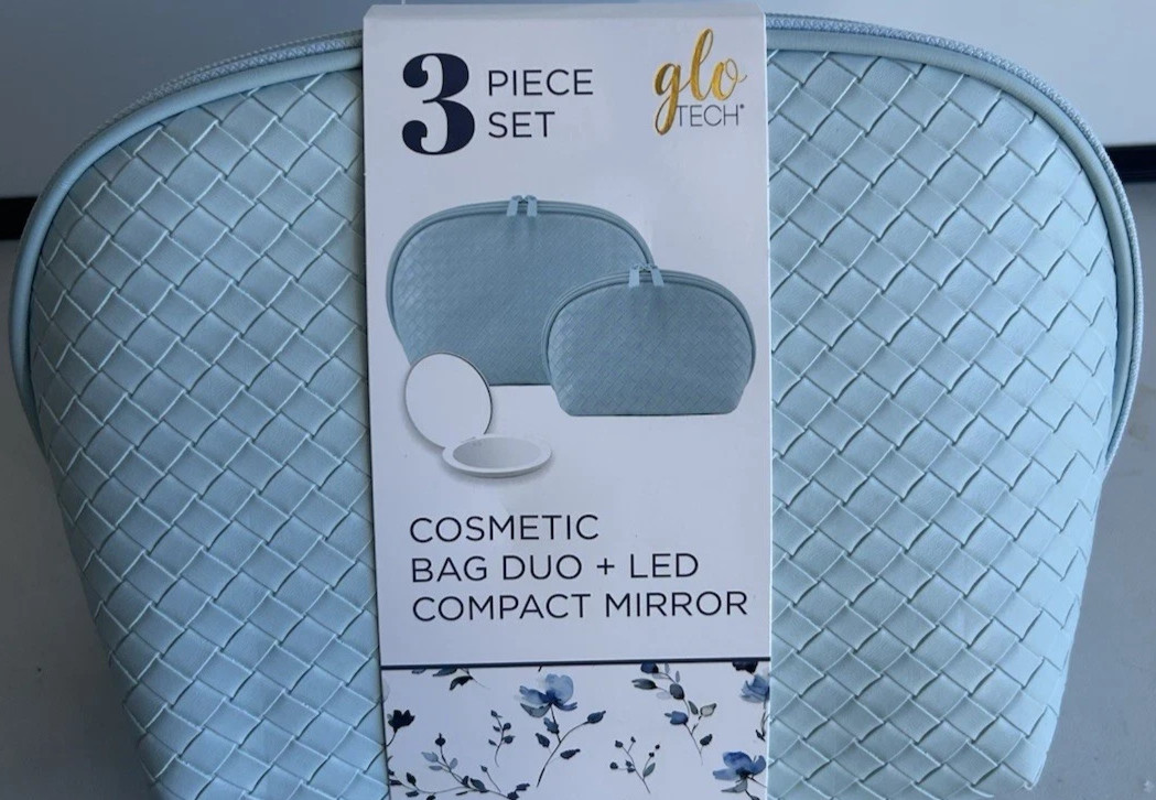 GloTech 3 piece Faux Leather Cosmetic Bags + Rechargeable Compact Mirror - NWT