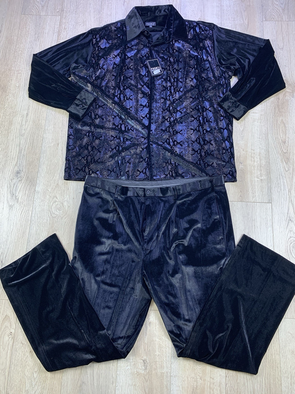 VTG Pronti Metallic Black Faux Velvet Suede Leisure Suit 3X Shirt 44/34 Pant Men