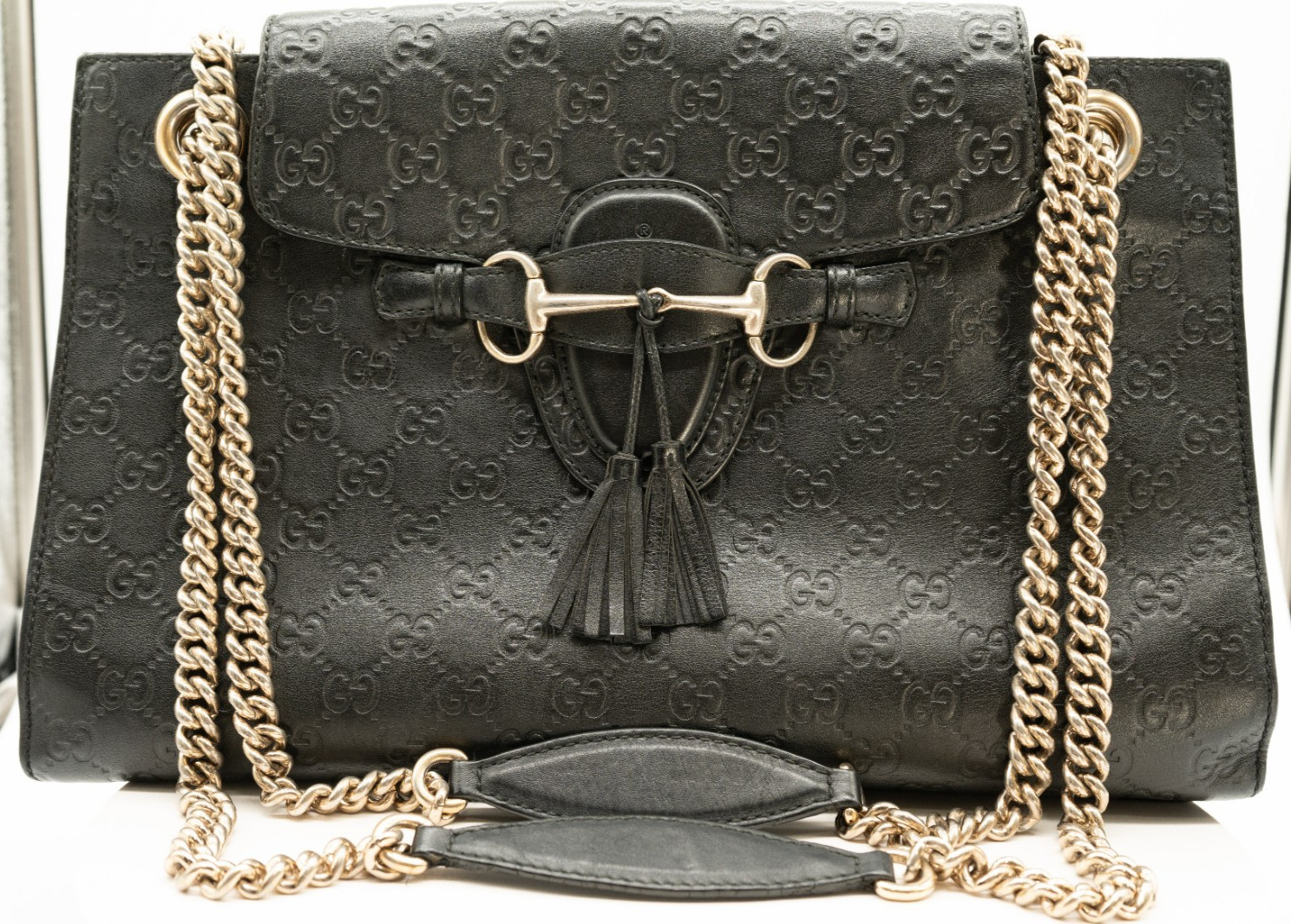 Gucci Emily Large 295402 Black Guccissima Leather Horsebit Chain Shoulder Bag GG