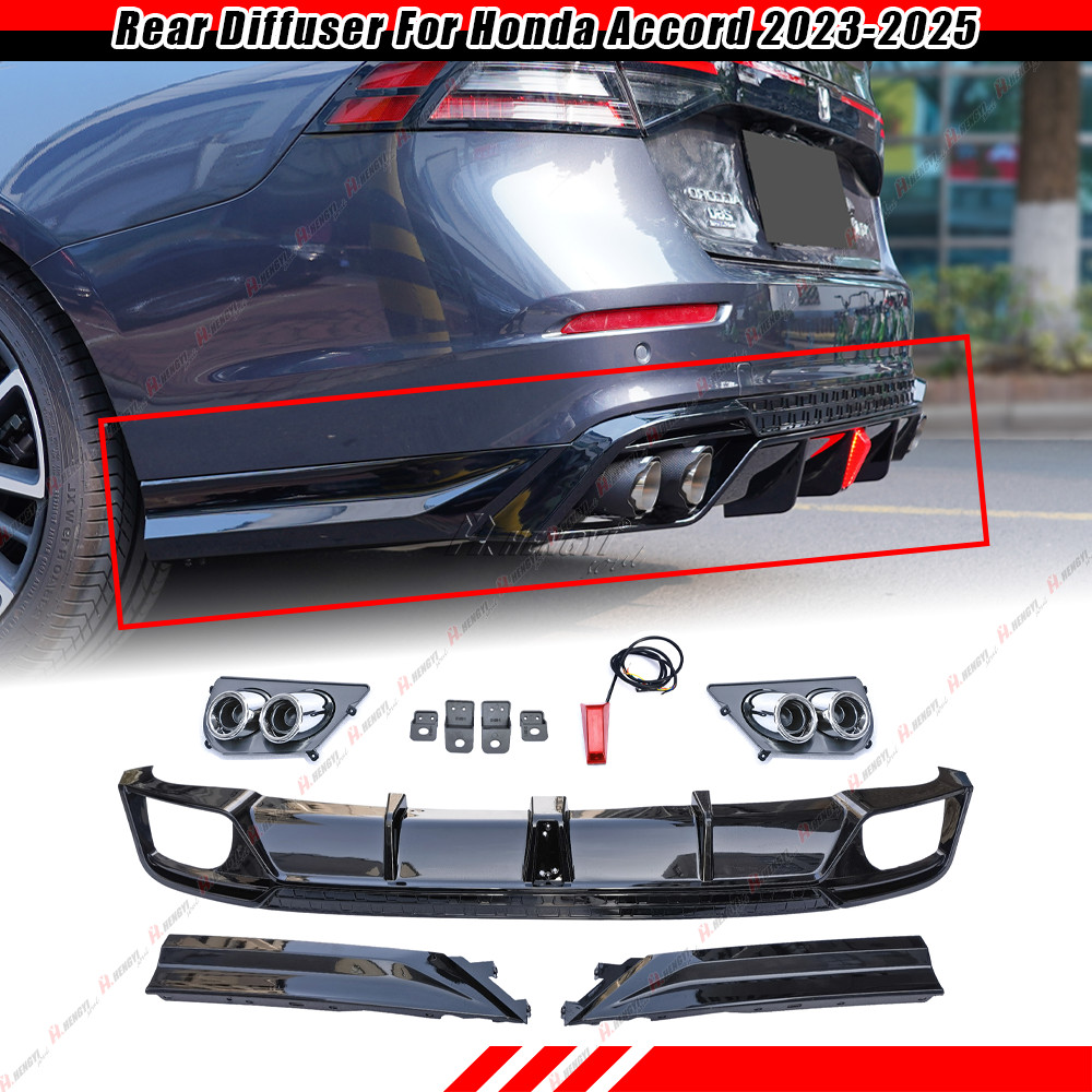 FOR 2023-2026 HONDA ACCORD GLOSS BLACK REAR BUMPER DIFFUSER KIT W/ LED LIGHT