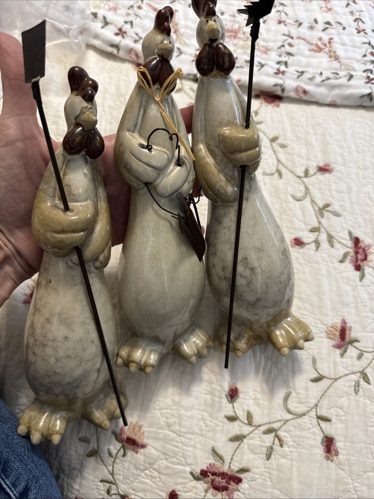 vintage anthropomorphic ceramic chickens holding gardening tools. vintage anthropomorphic ceramic chickens holding gardening tools.