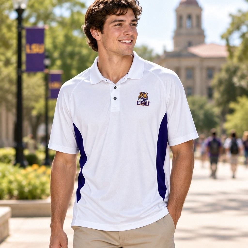 LSU Tigers Polo Shirt Size G White Purple Golf Performance LSU Tigers Polo Shirt Size G White Purple Golf Performance