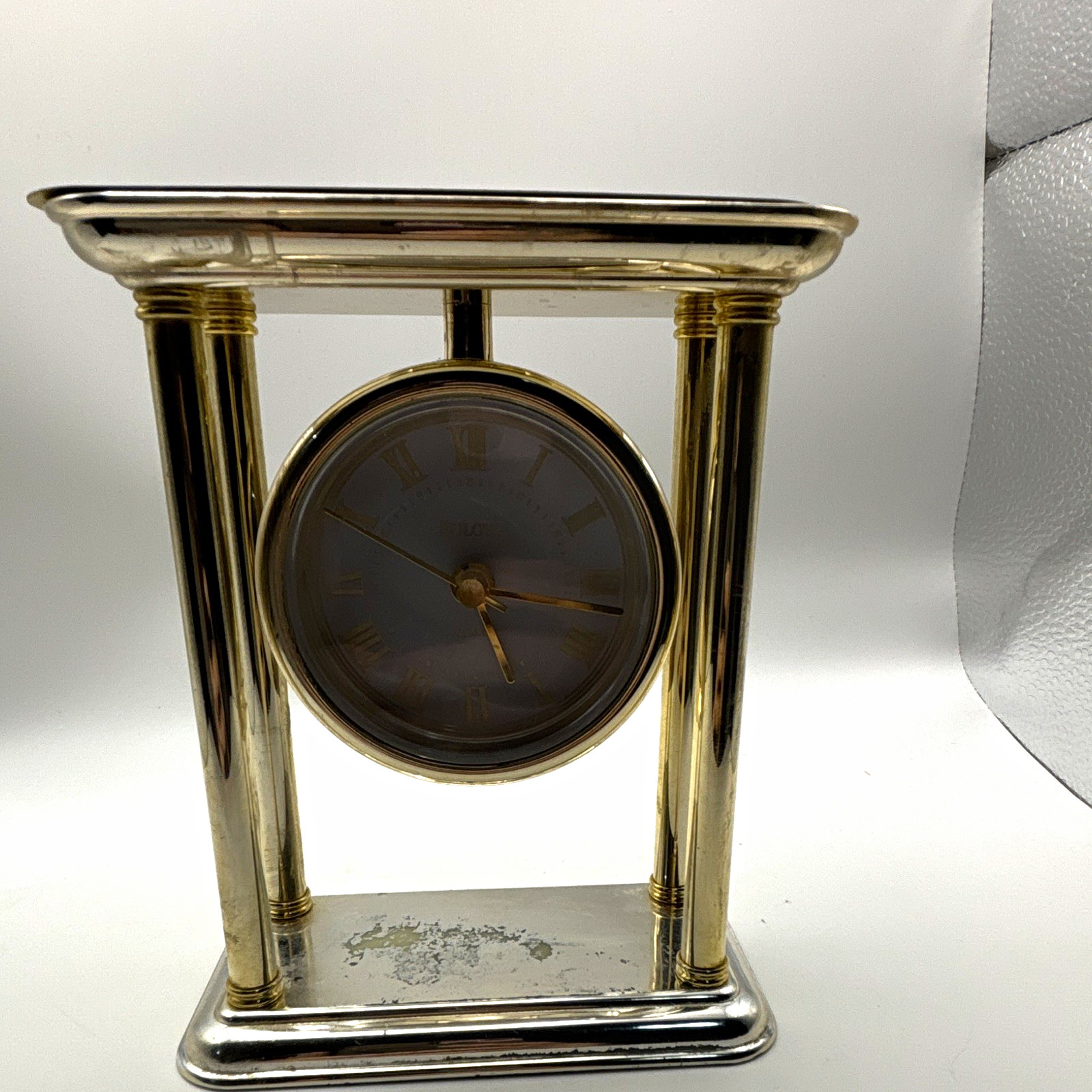 Bulova Quartz Mantel Desk Clock 6” Gold Tone Roman Numerals Column Style
