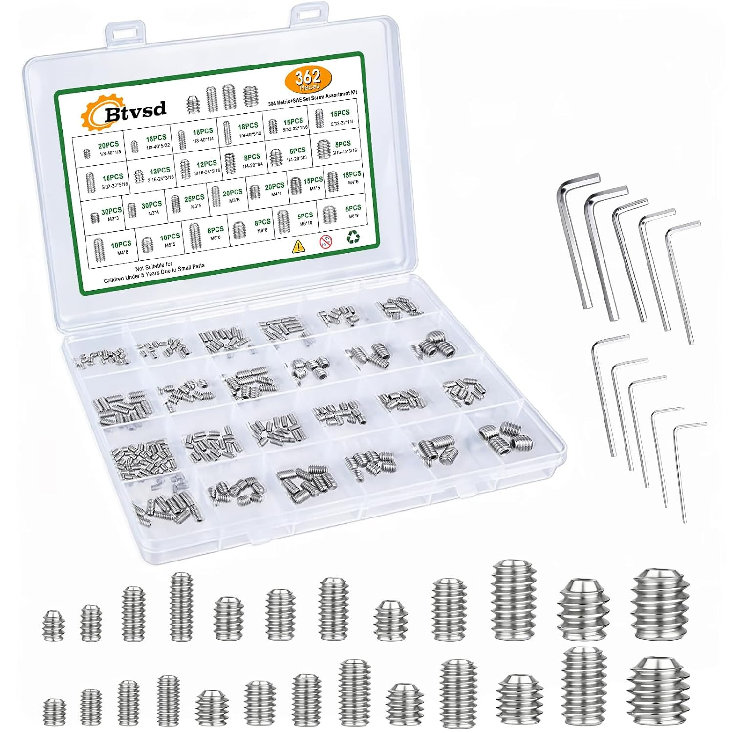 362Pcs 25 Size Set Screw Assortment Kit,M3-M8, 1/8\