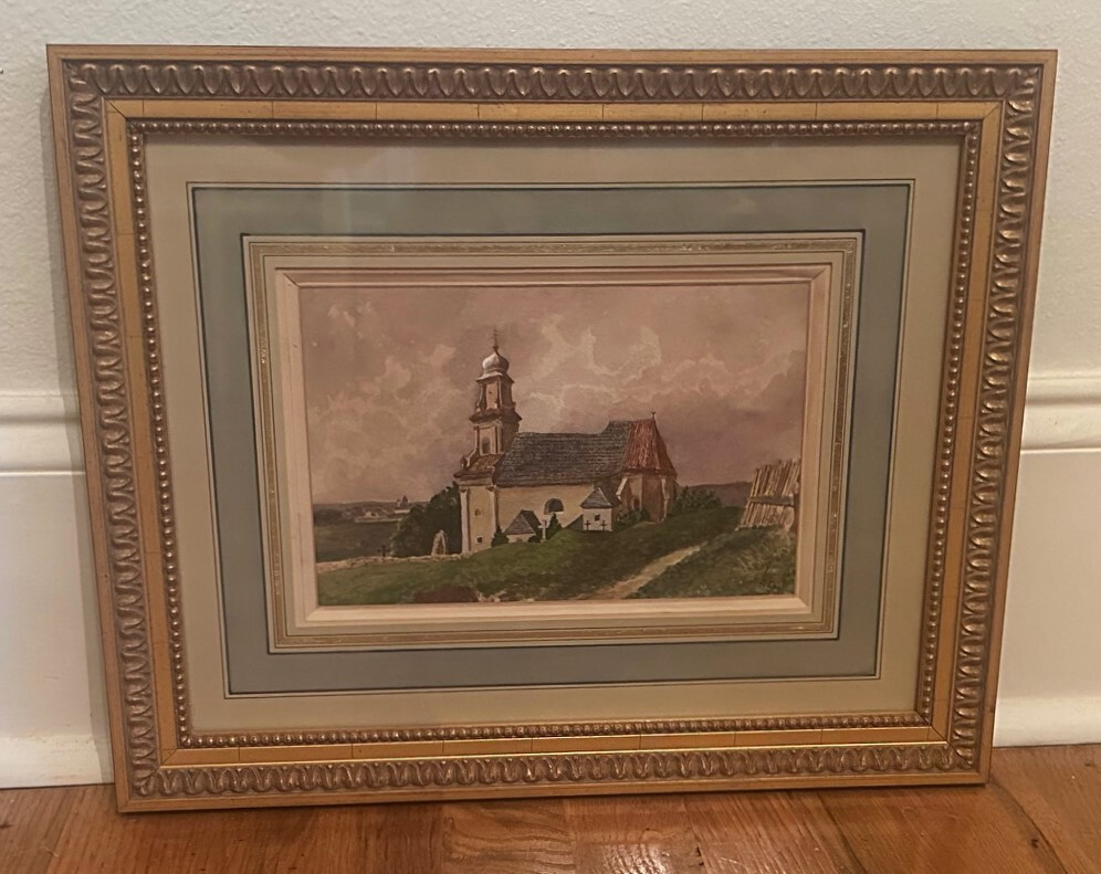 Antique 19th c Signed French Watercolor Landscape Painting, Church Countryside