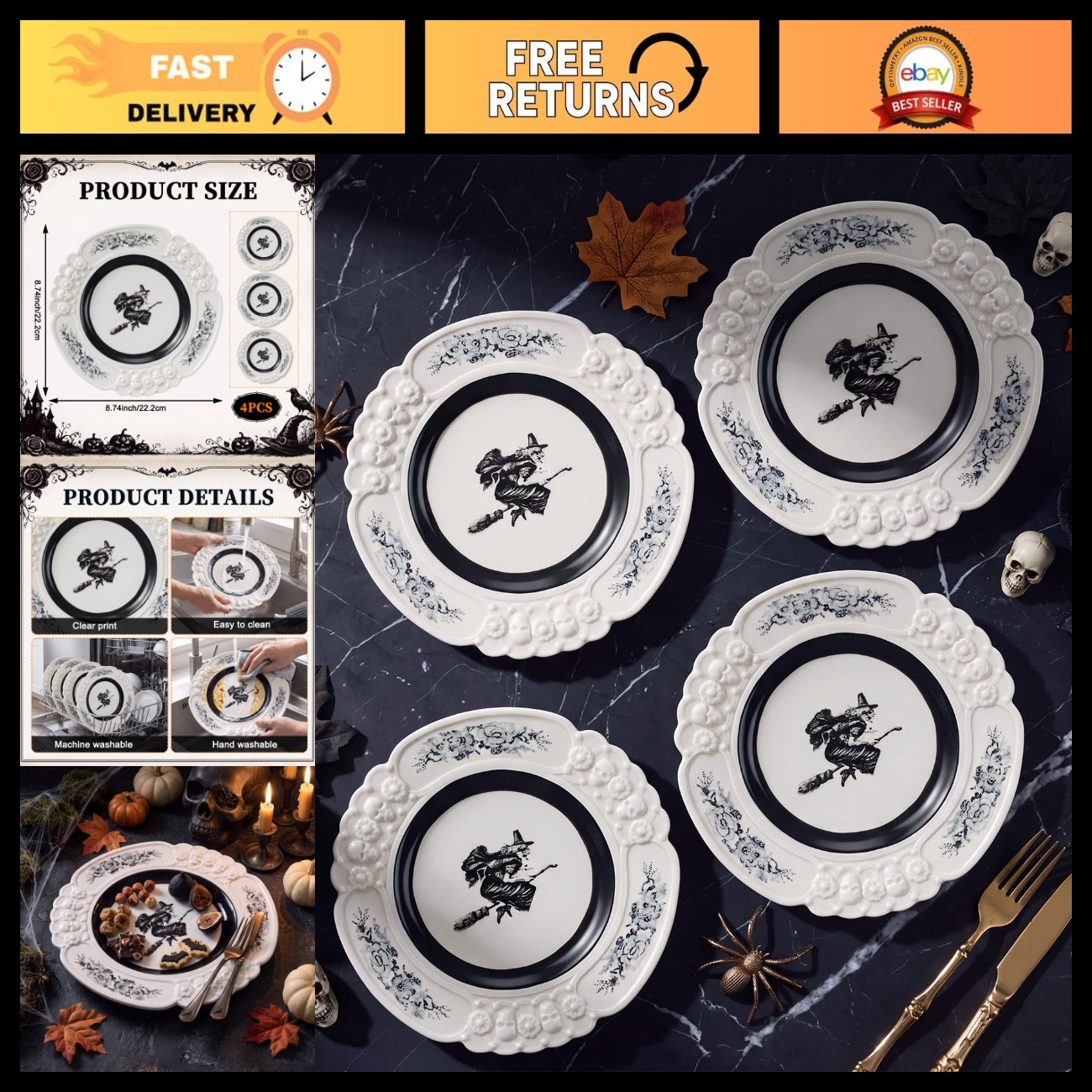 4 Pcs Vintage Halloween Witch Ceramic Plates - 8.74 Inch Decorative Tableware