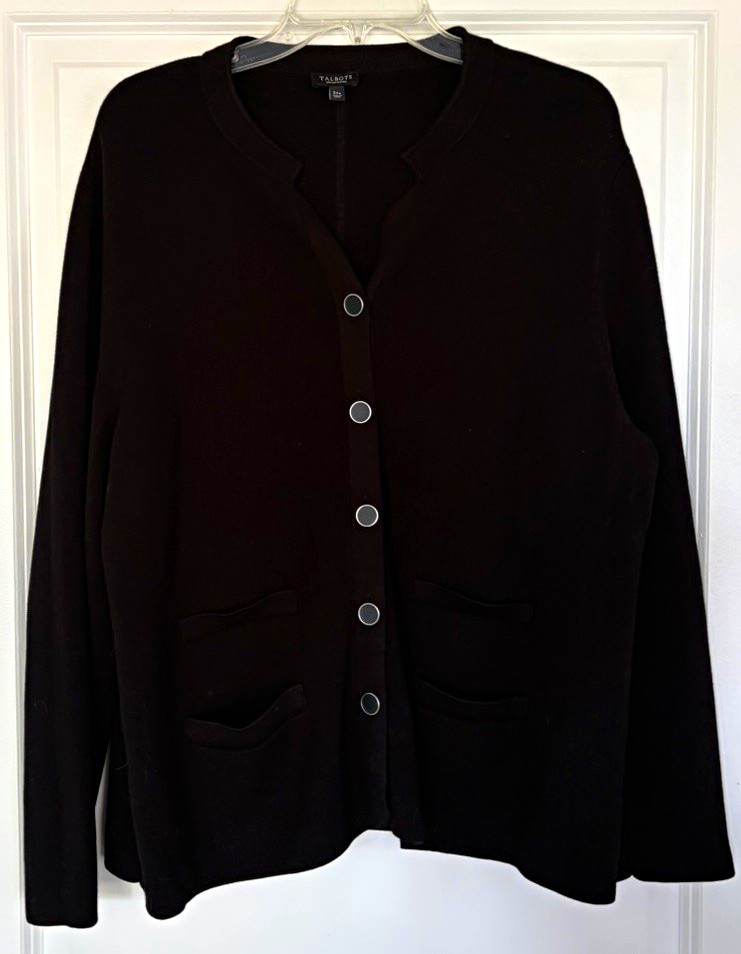 Talbots Women\'s Black Knit Cardigan Sweater 3XP Petite V-Neck Button Pockets