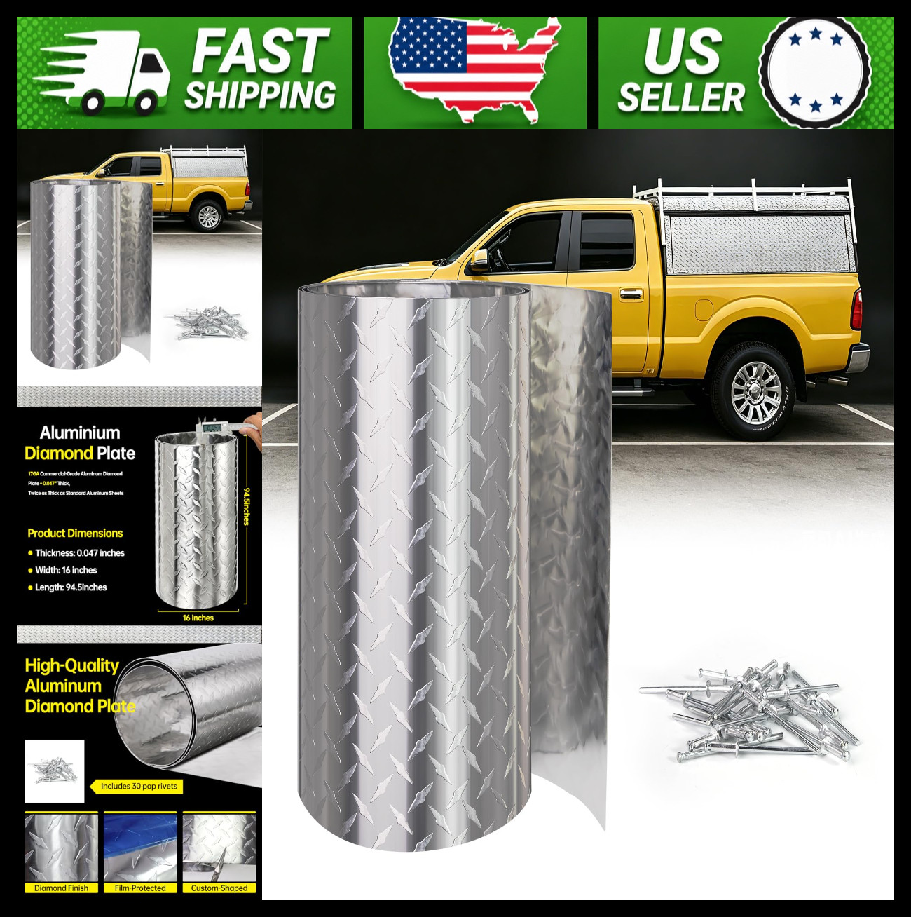 Aluminum Diamond Plate Sheet 0.047in RV Floor Truck Bed Boat 16x94.5in Rivets Aluminum Diamond Plate Sheet 0.047in RV Floor Truck Bed Boat 16x94.5in Rivets
