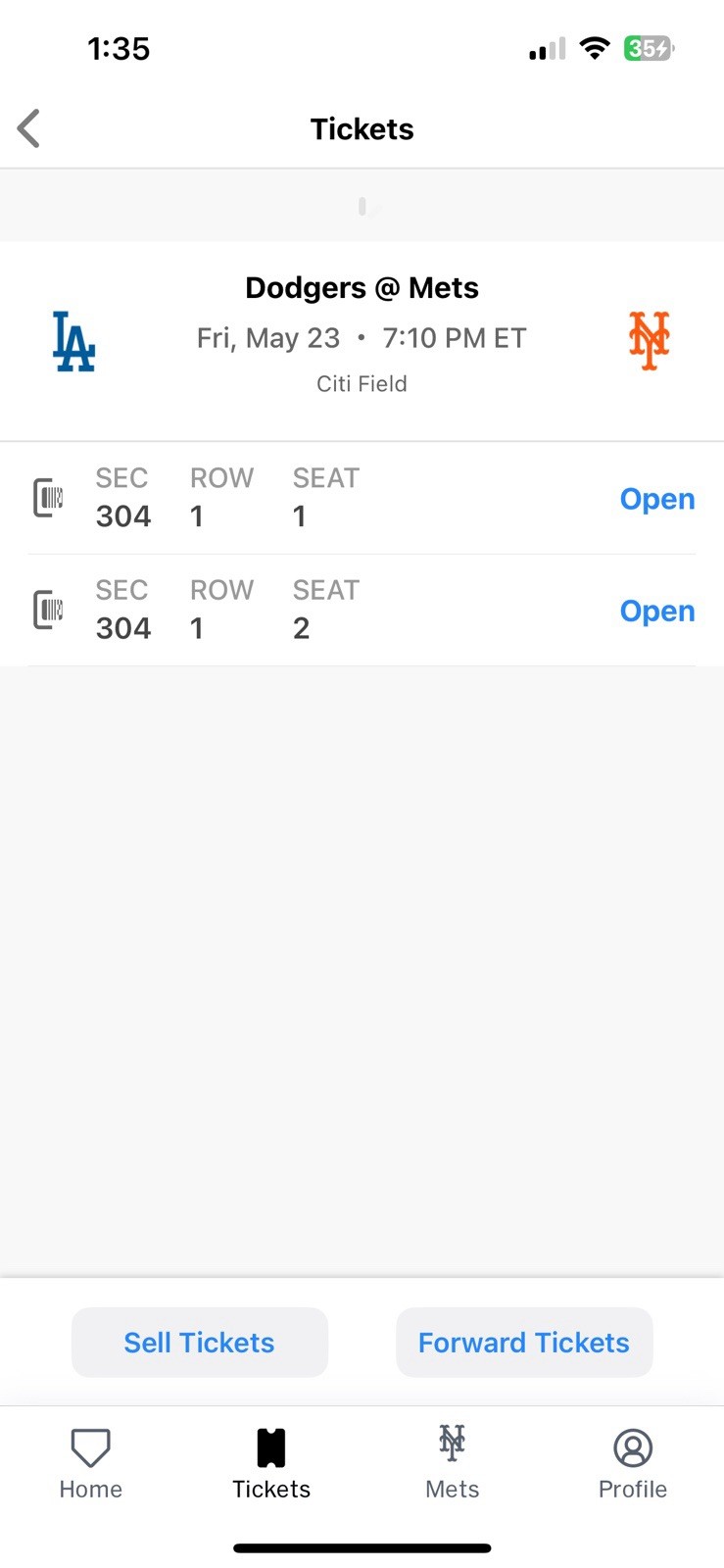 Two (2) Tickets Mets vs Dodgers 5/23 Citi Field Two (2) Tickets Mets vs Dodgers 5/23 Citi Field