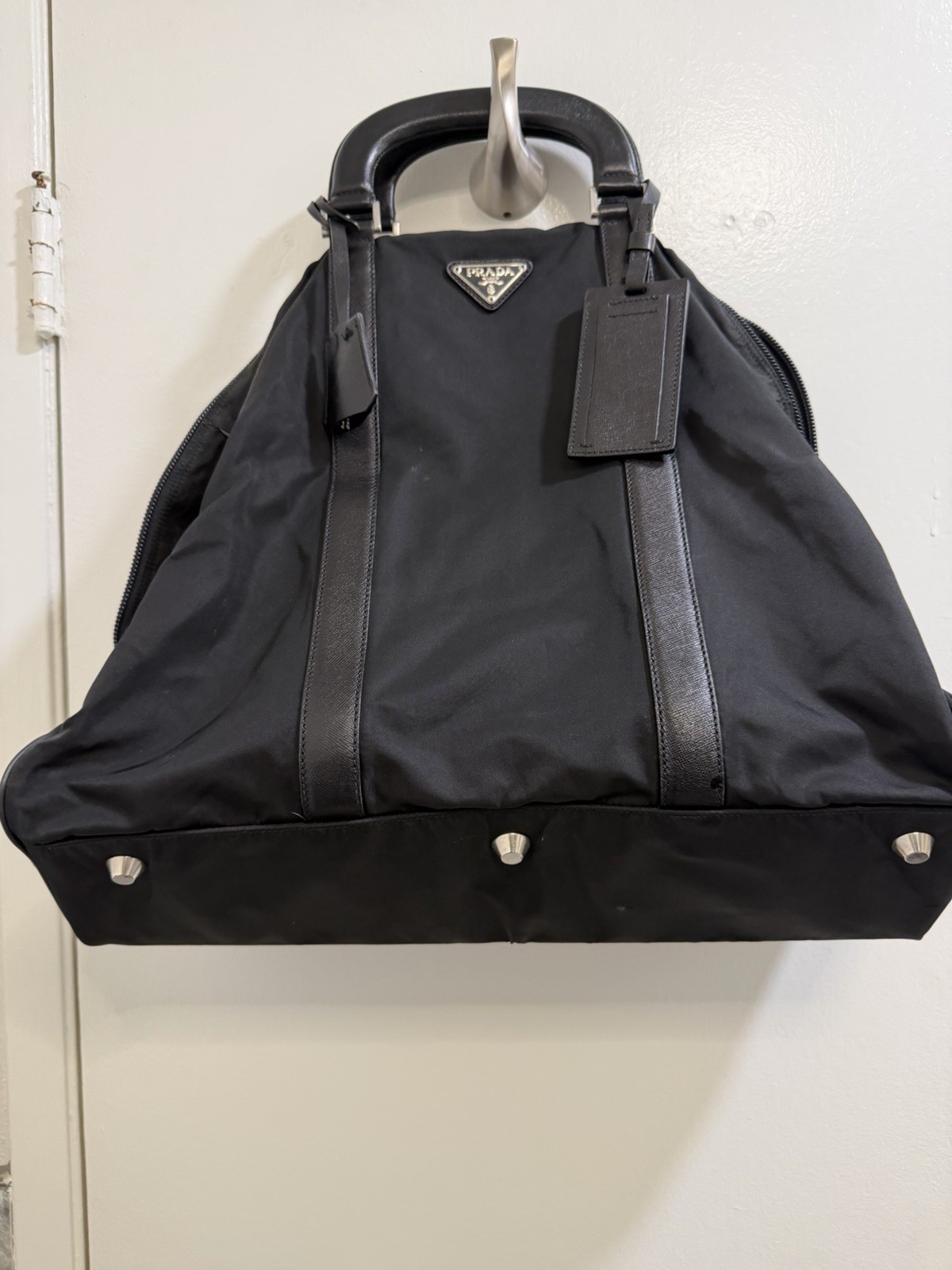 Prada Black Duffle Travel Bag, Zip Closure, Silver Hardware, Logo, Key