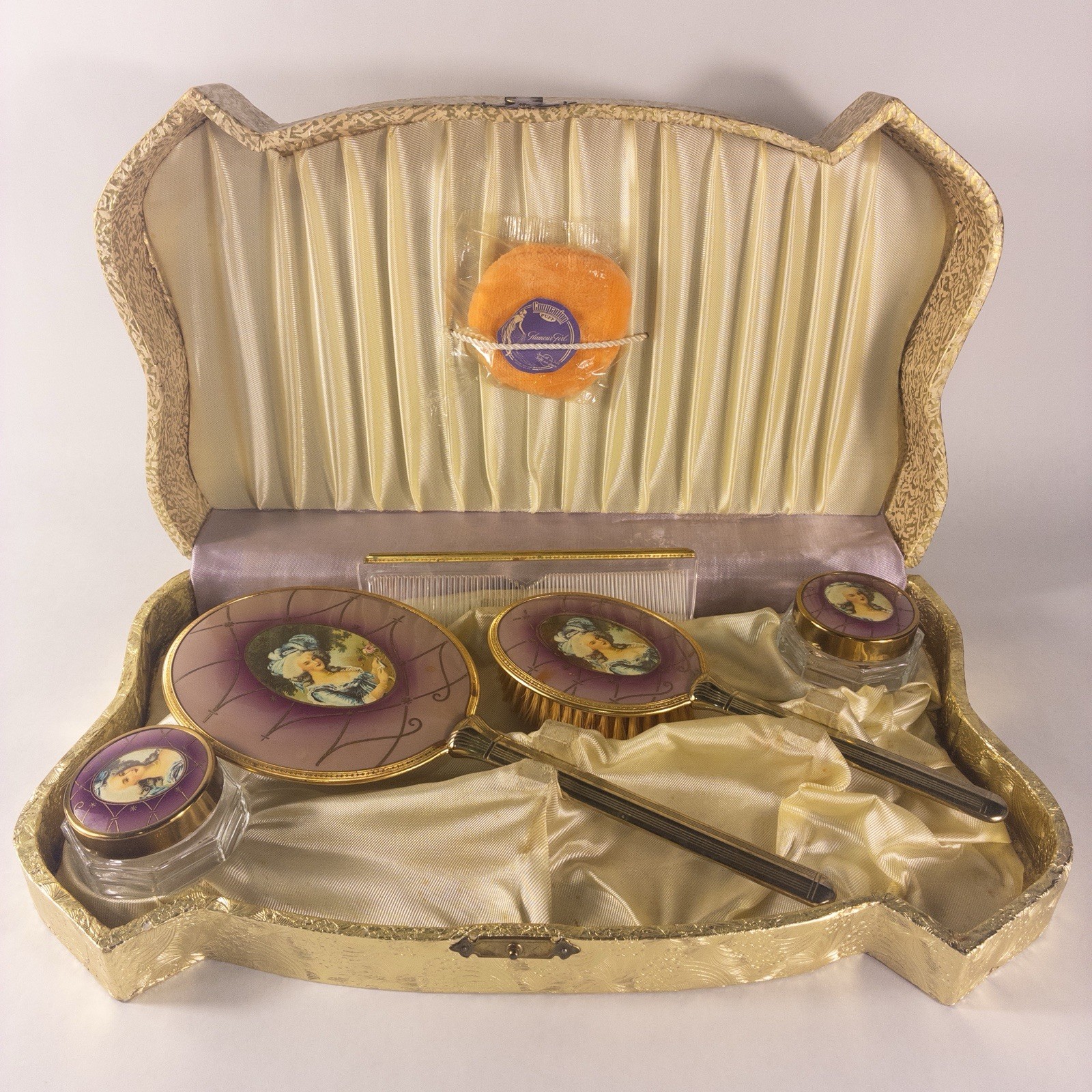 Vtg 1940-50s Gold Boxed Vanity Set Mirror Brush Comb Jars Victorian Portrait