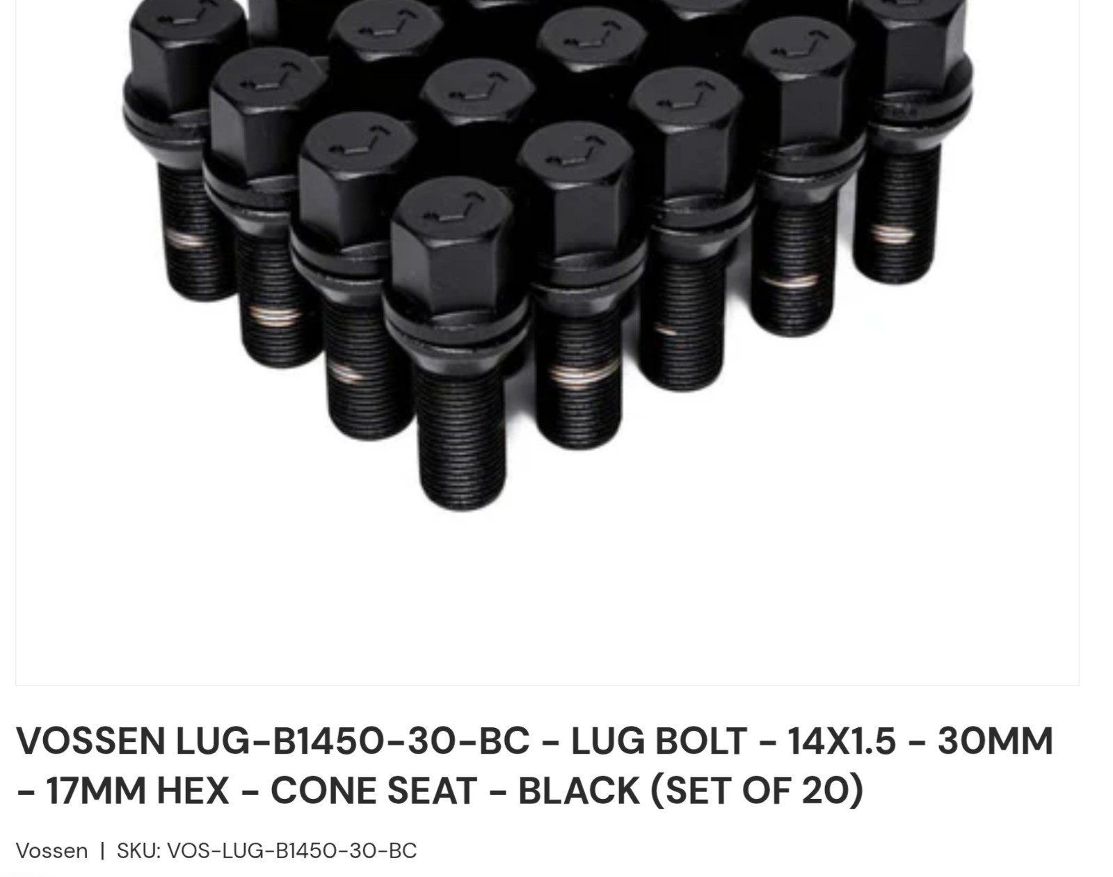 Vossen Wheel Lug Bolts 20 Pack 10.9 Grade M14x1.50 30 Mm 60degree Black B1450-30