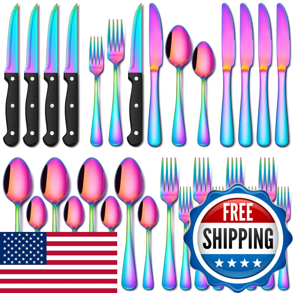 EUIRIO 24 Piece Rainbow Silverware Set for 4 with Steak Knives Stainless Steel