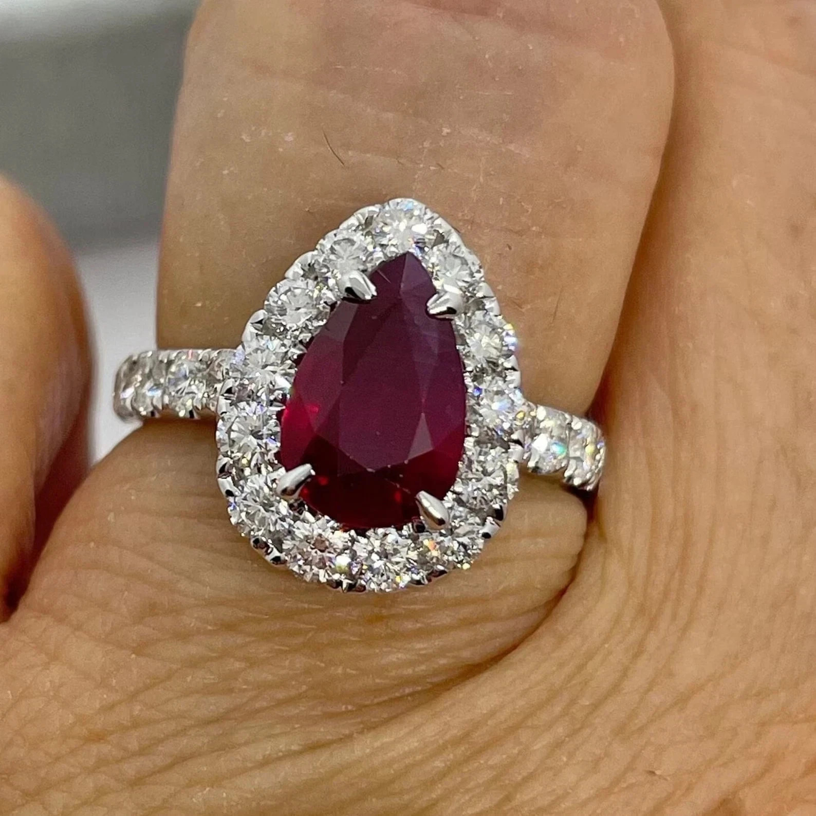5.70Ct Pear Cut Natural Ruby & Diamond Engagement Ring Real 14K White Gold