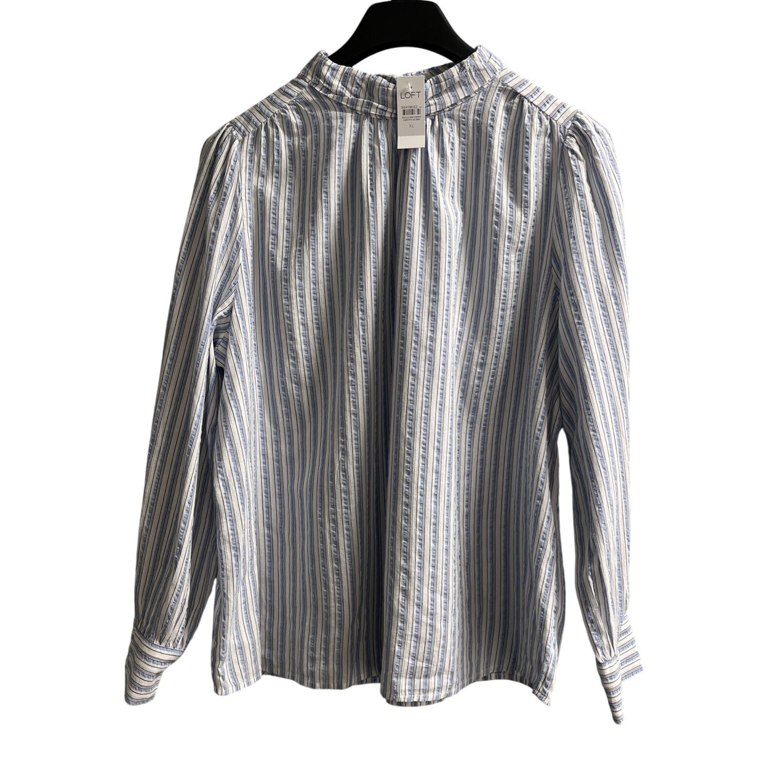 Loft Womens Top Blue Striped High Neck Keyhole Back Blouse Womens XL Preppy