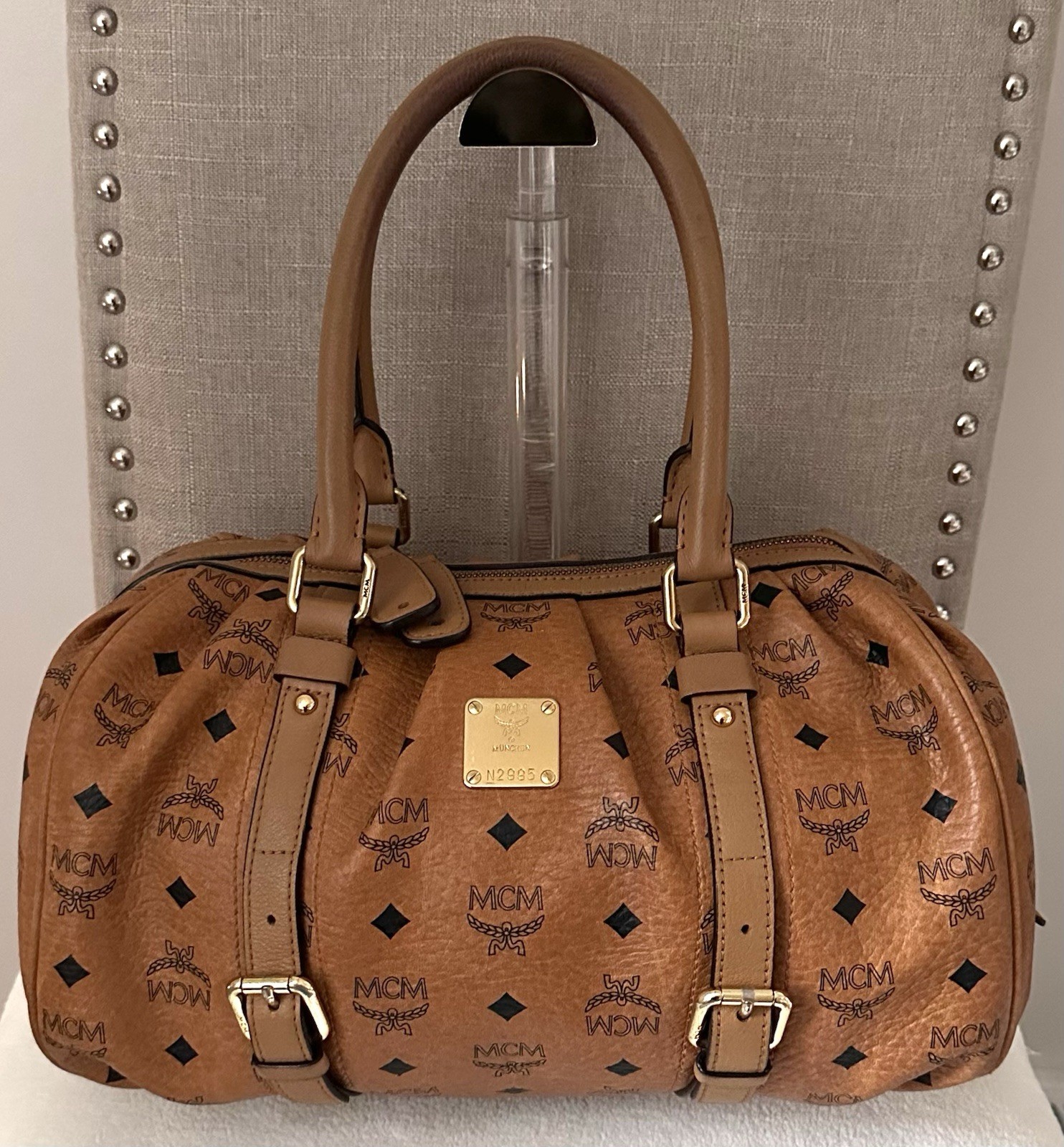 MCM Visetos Monogram Cognac Brown Top Handle Boston Satchel Leather Bag AUTH